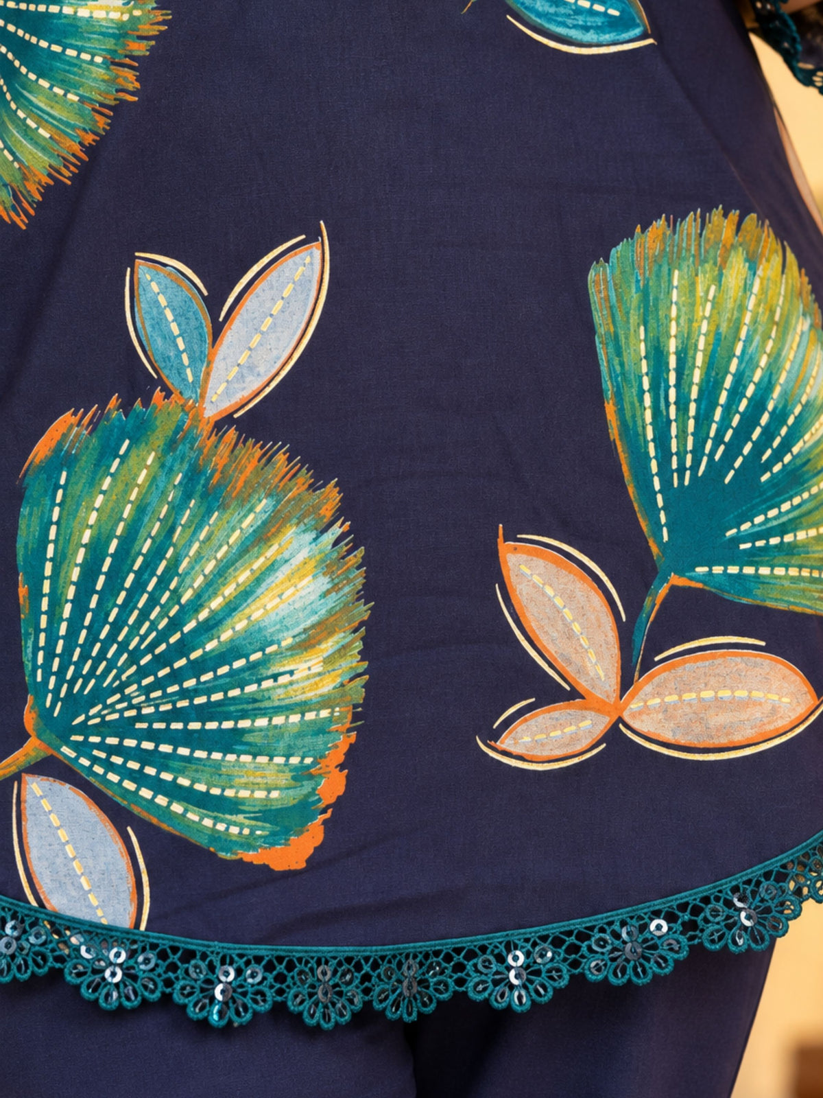 Blue Motif Print Lace Tunic