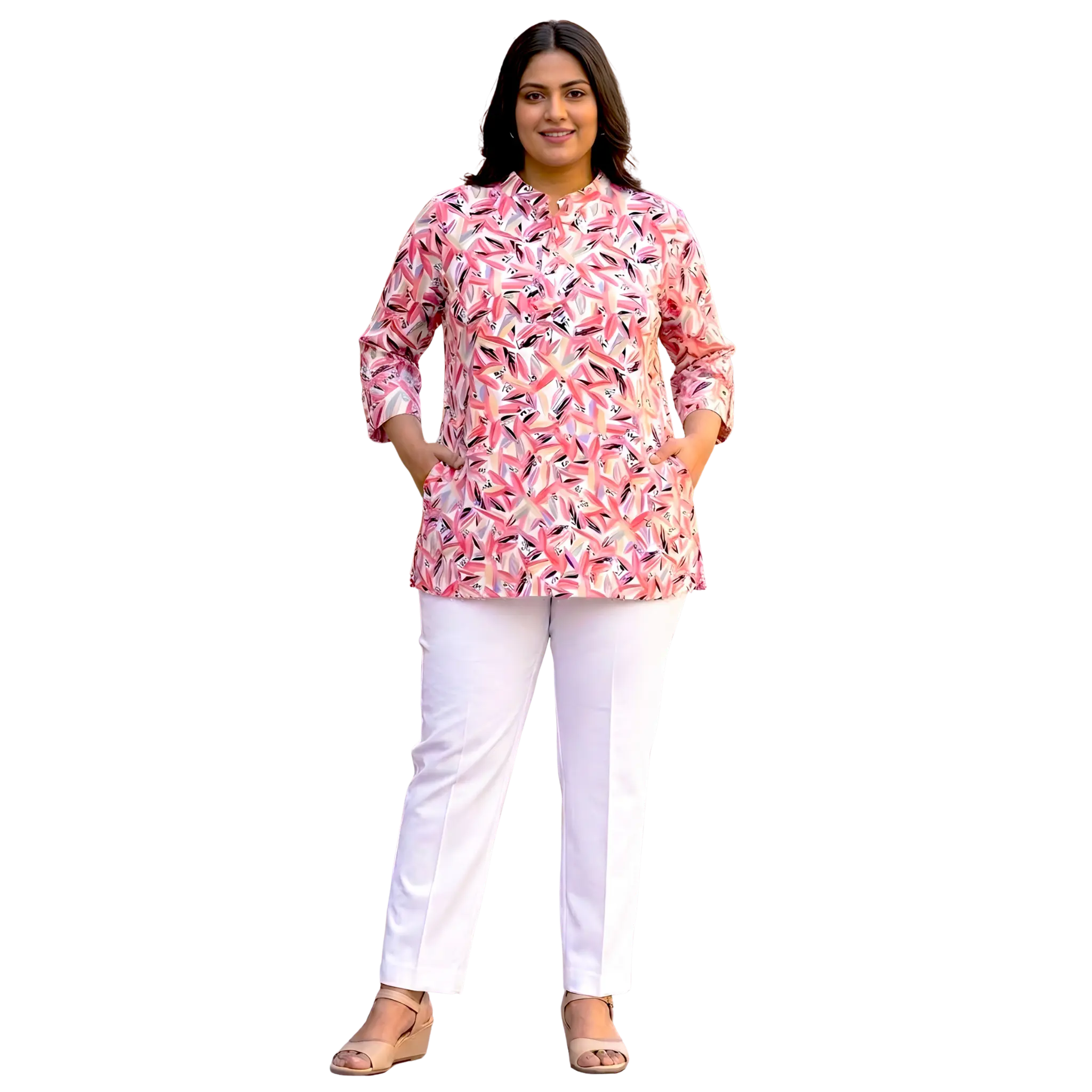 White and Pink Abstract Print Plus Size Tunic
