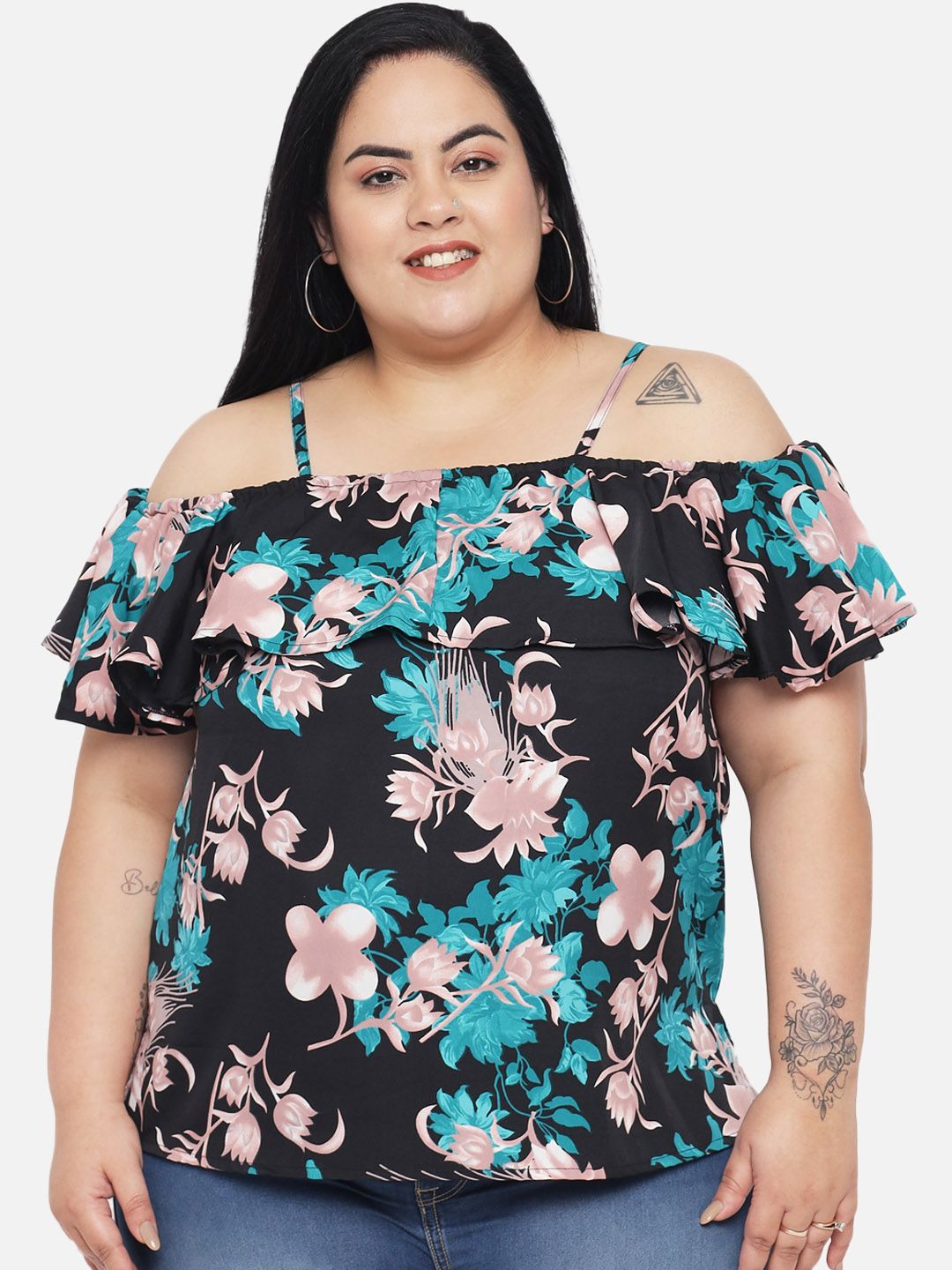 Green Floral Print Plus Size Top — view 1
