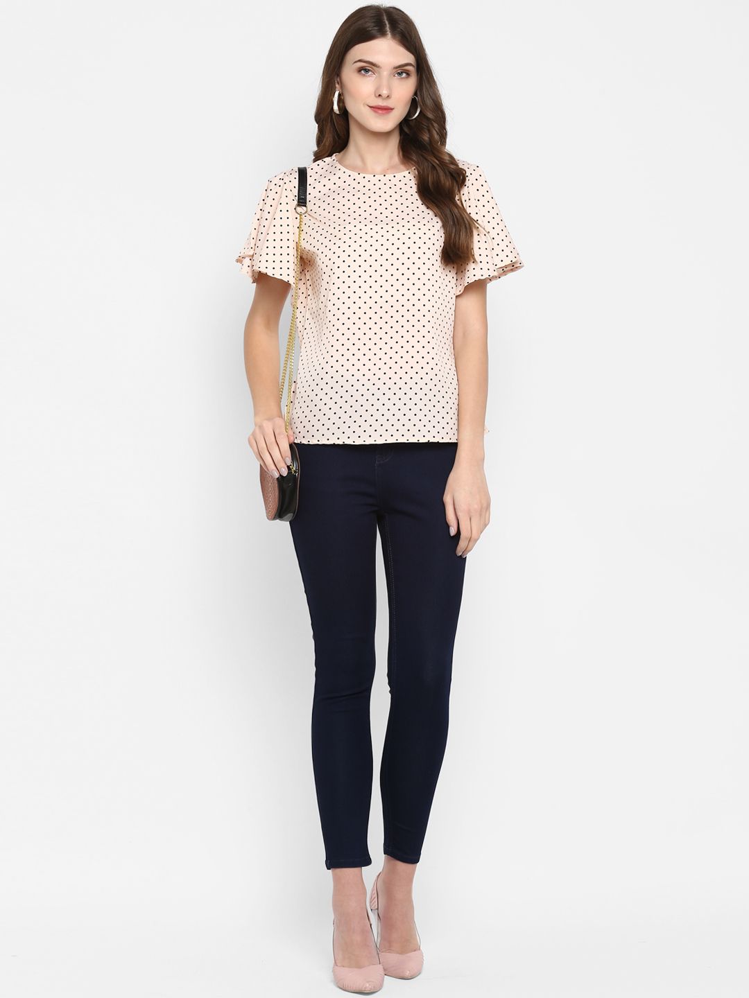 Peach Polka Dot Flutter Sleeve Top — view 11