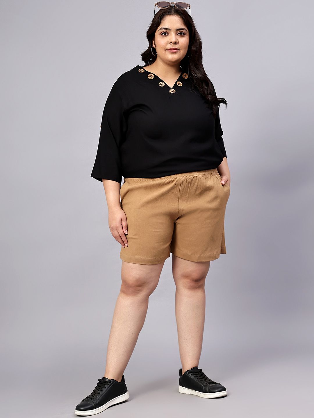 Beige Cotton Plus Size Shorts — view 6