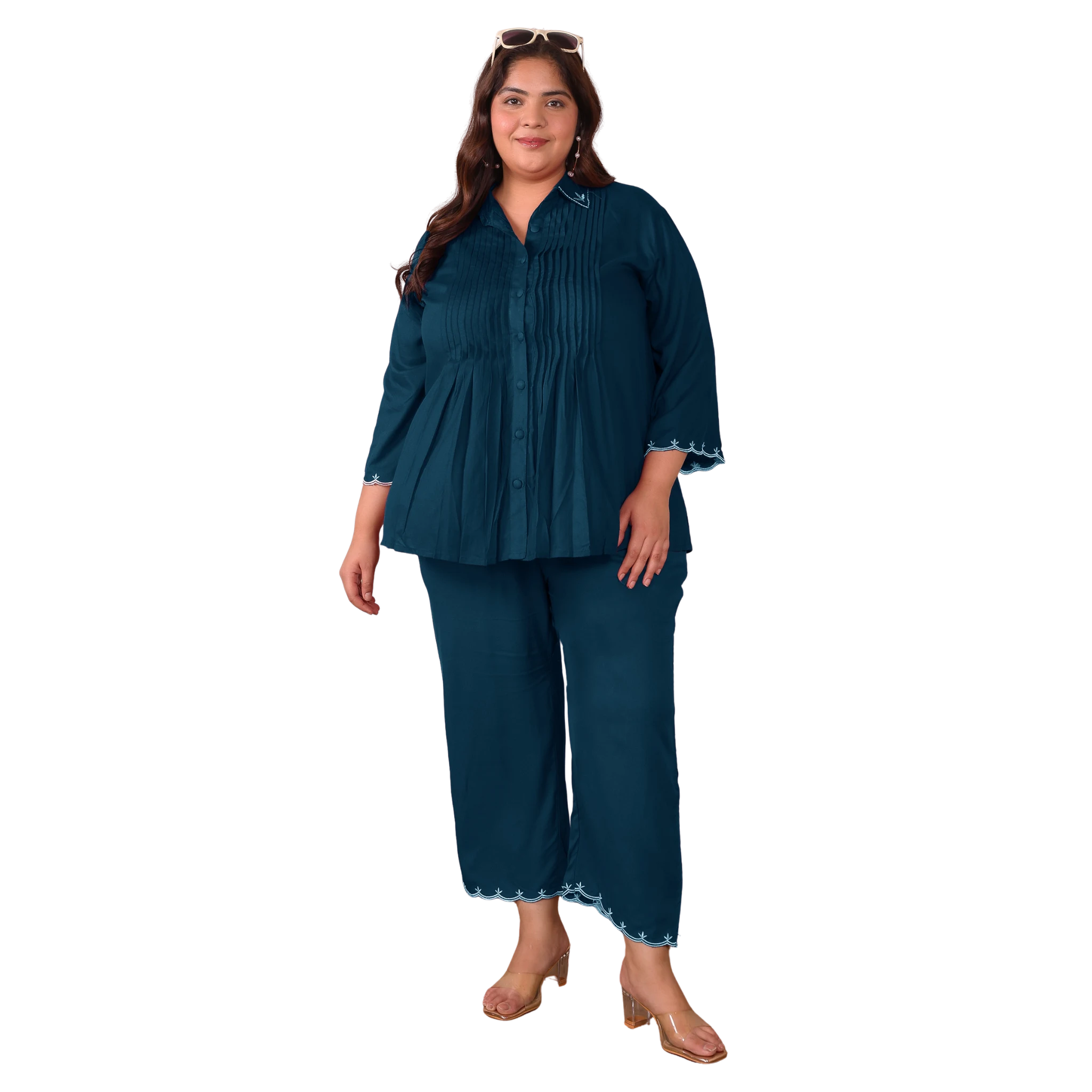 Peacock Blue Rayon Collar Embroidered Co Ord Set