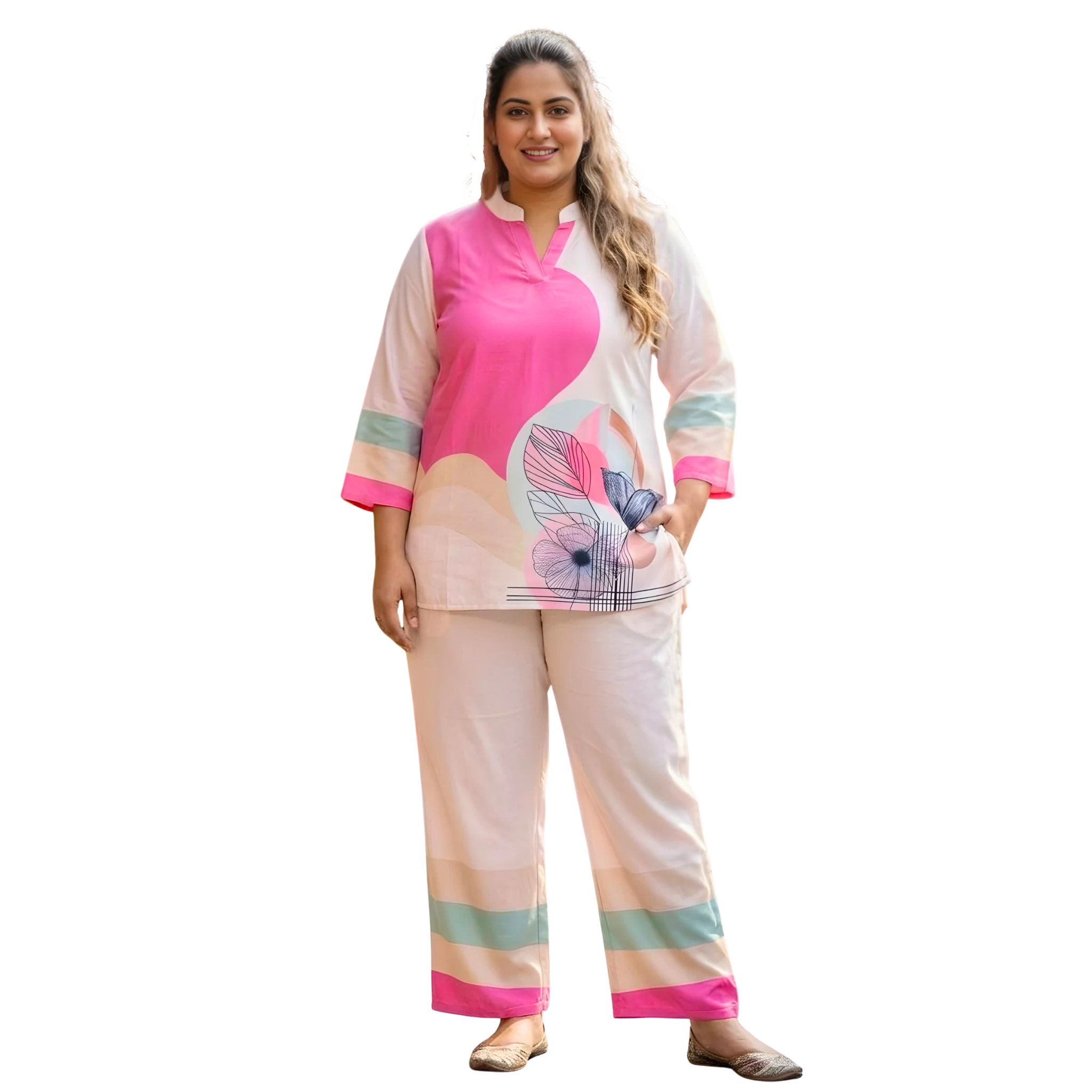 Pink and OffWhite Print Co Ord Set