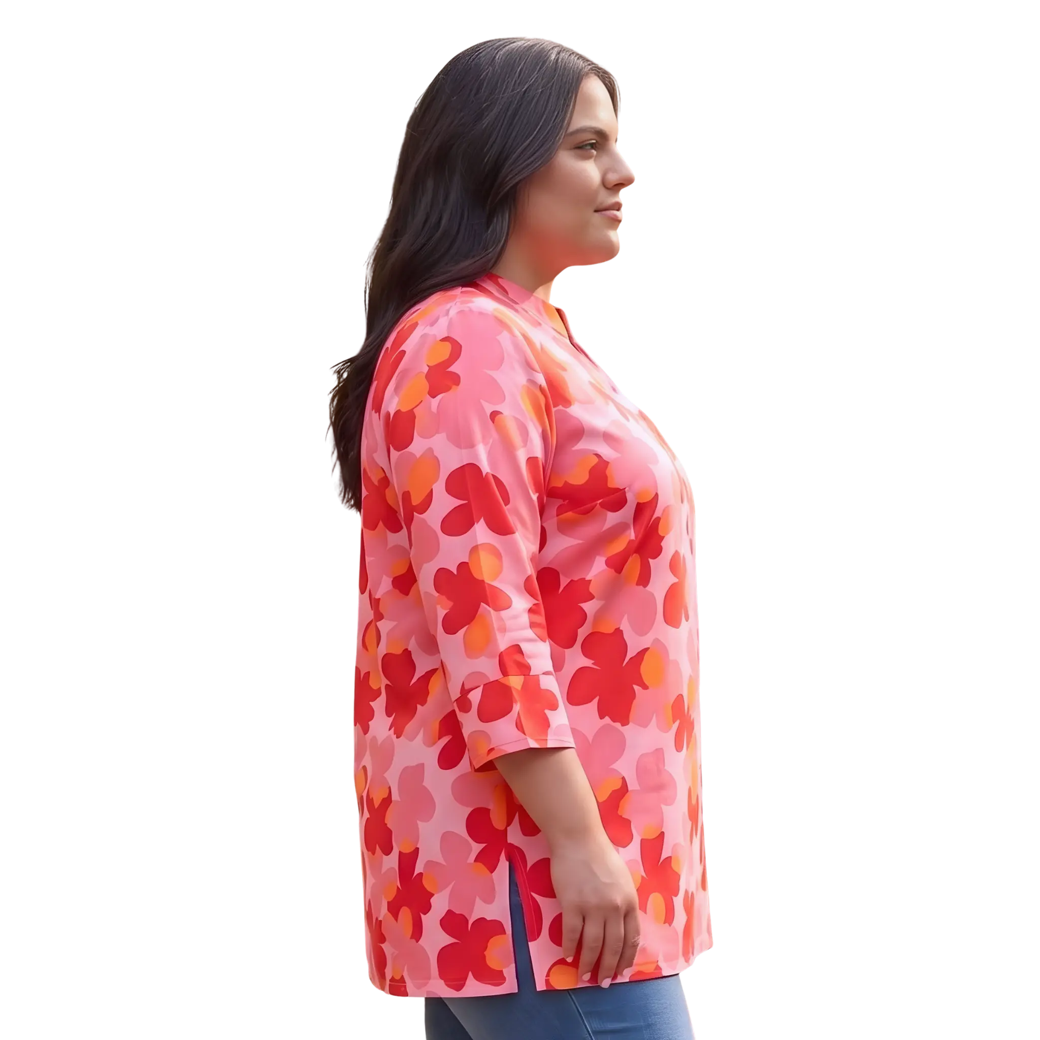 Red and Orange Floral Print Plus Size Tunic