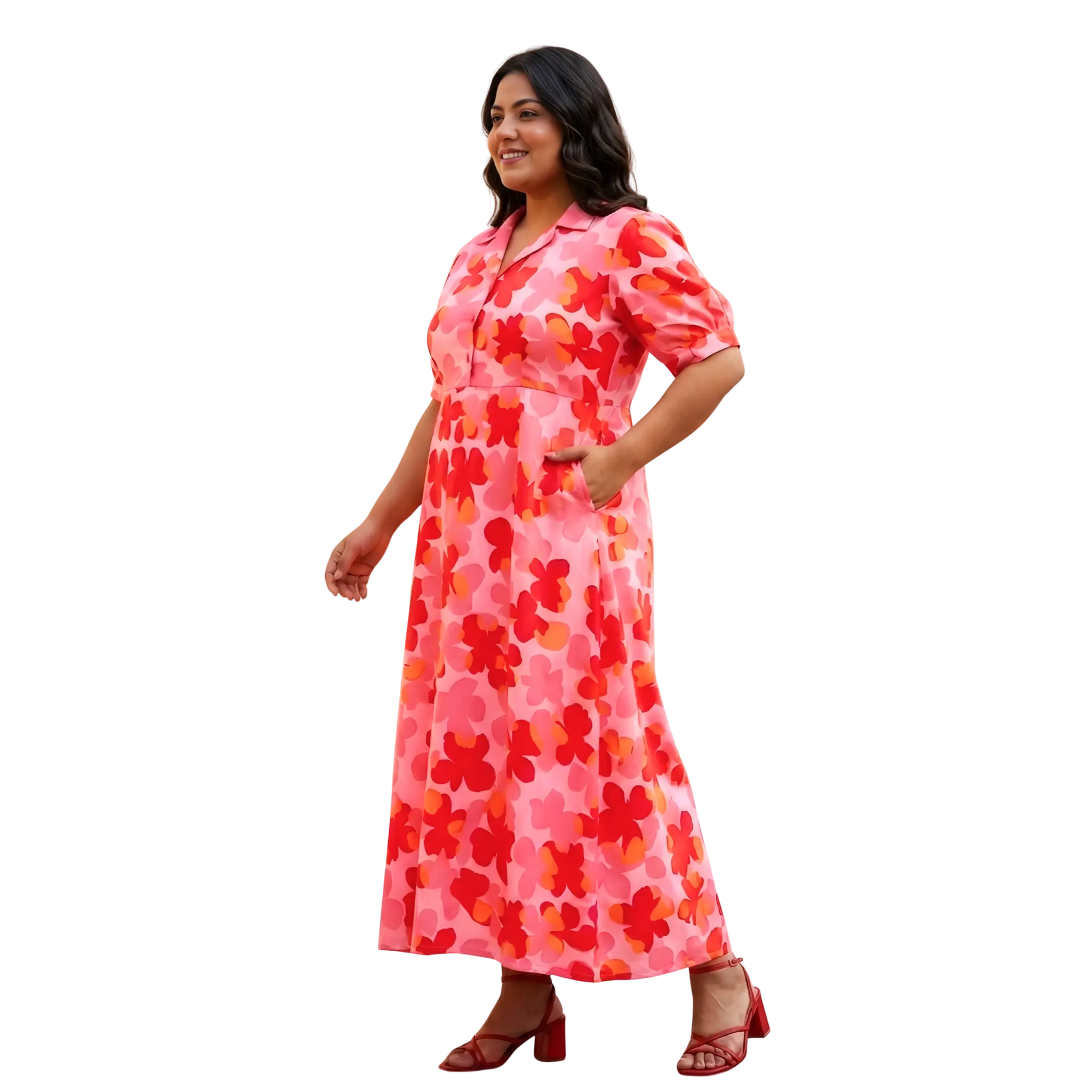 Red and Orange Floral Print Plus Size Dress