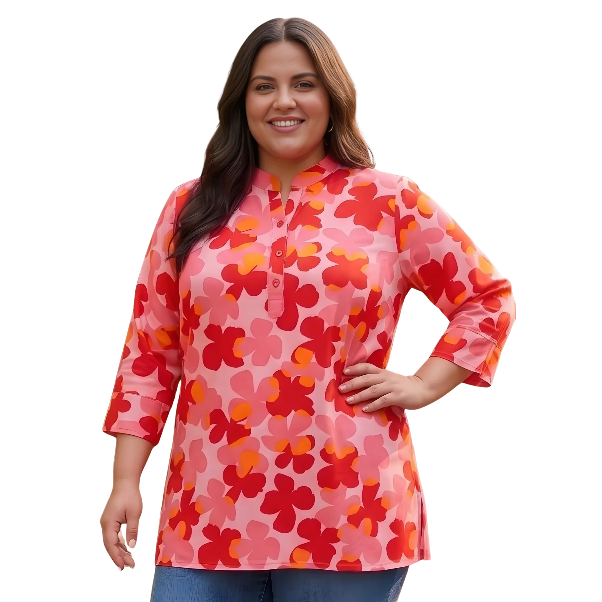Red and Orange Floral Print Plus Size Tunic