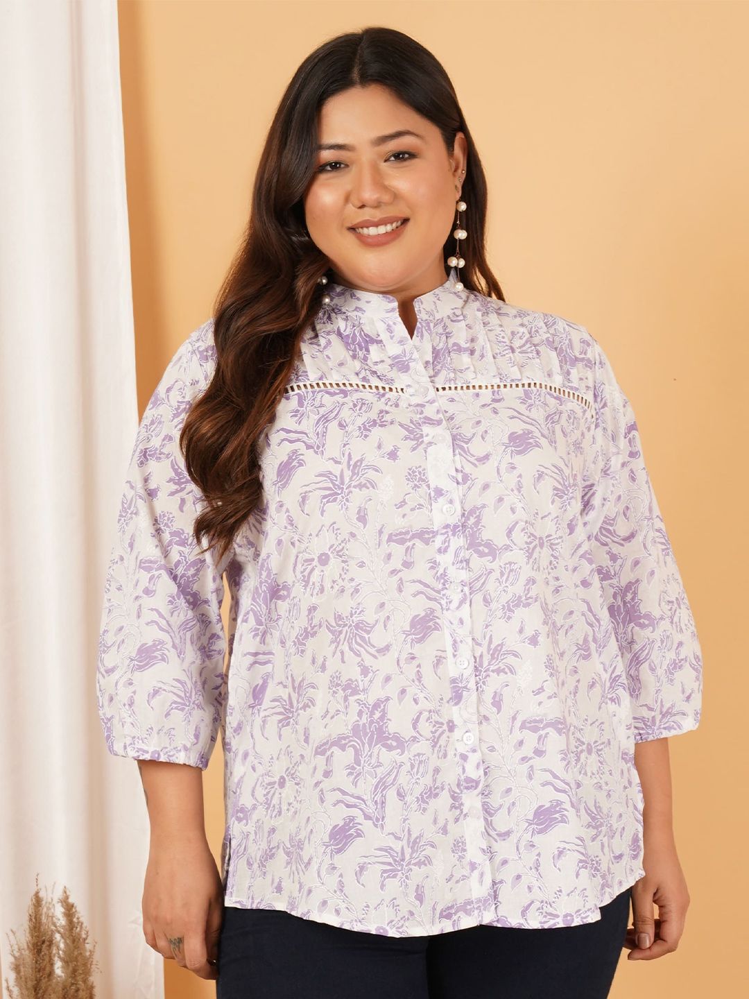 Purple Print Plus Size Lace Shirt — view 1