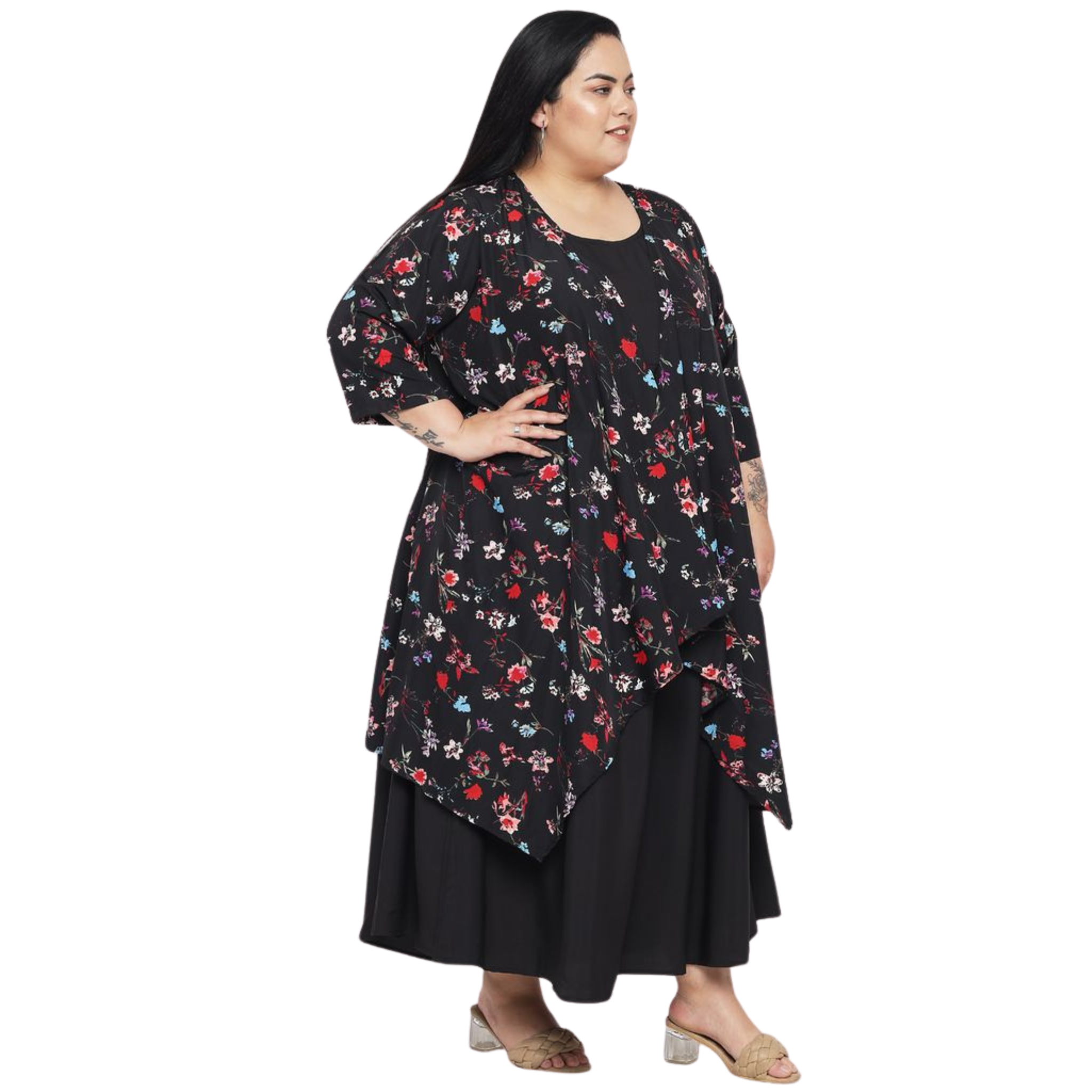 Black Floral Layered Maxi Plus Size Dress