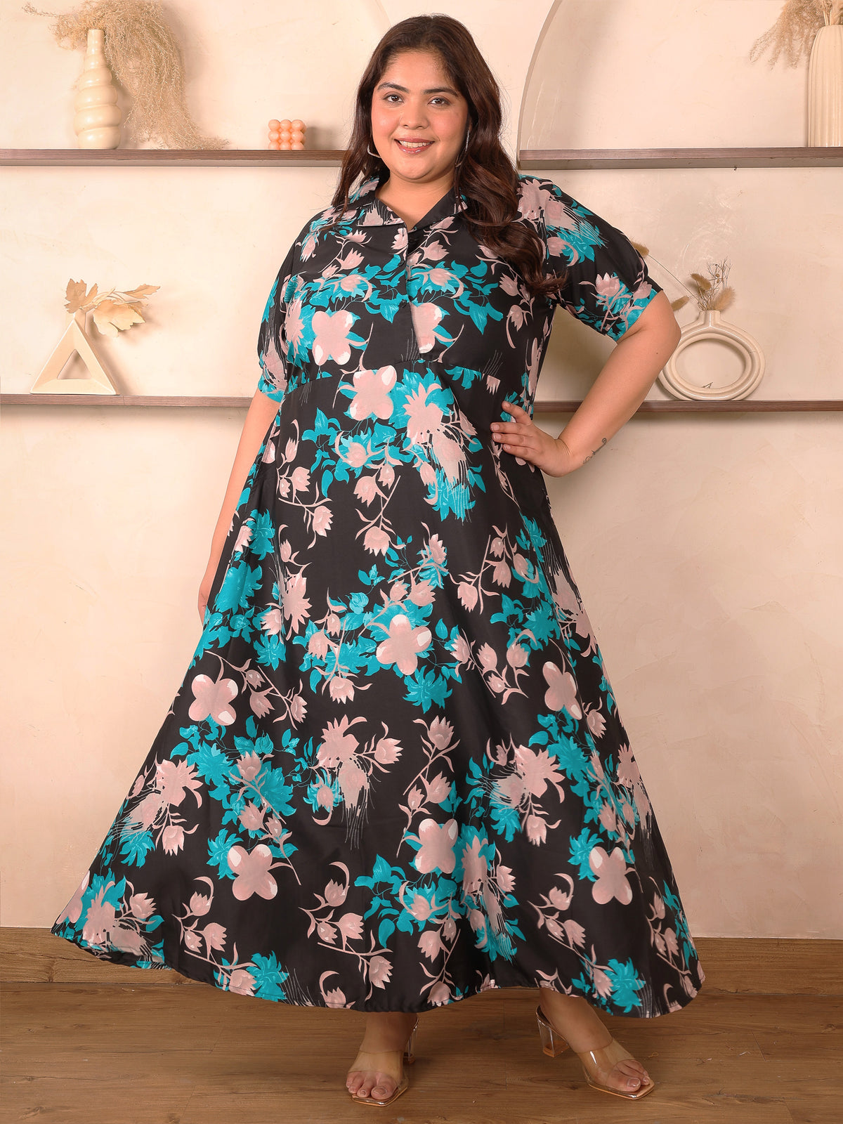 Black and Green Floral Plus Size Dress