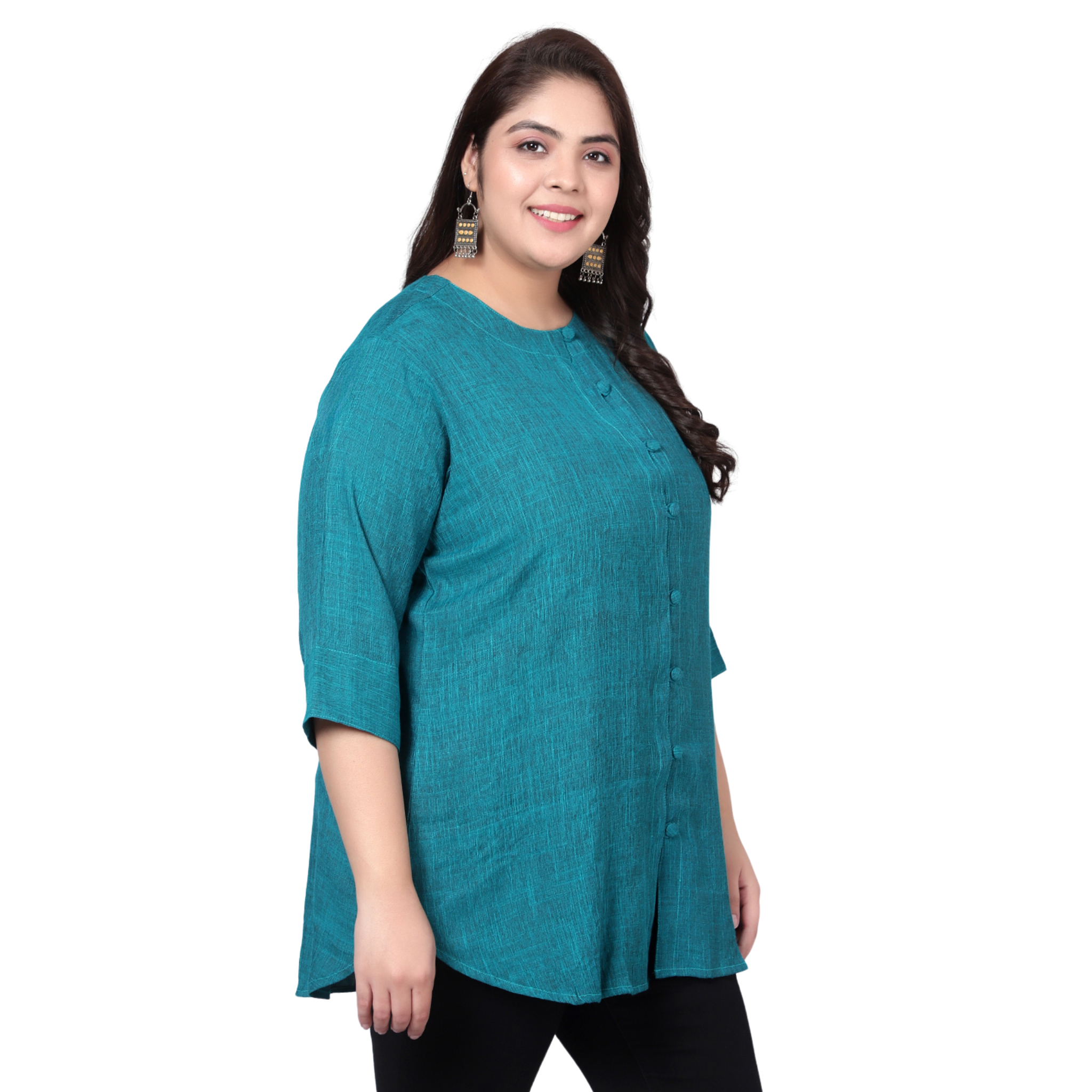 Turquoise Cotton Linen Plus Size Tunic