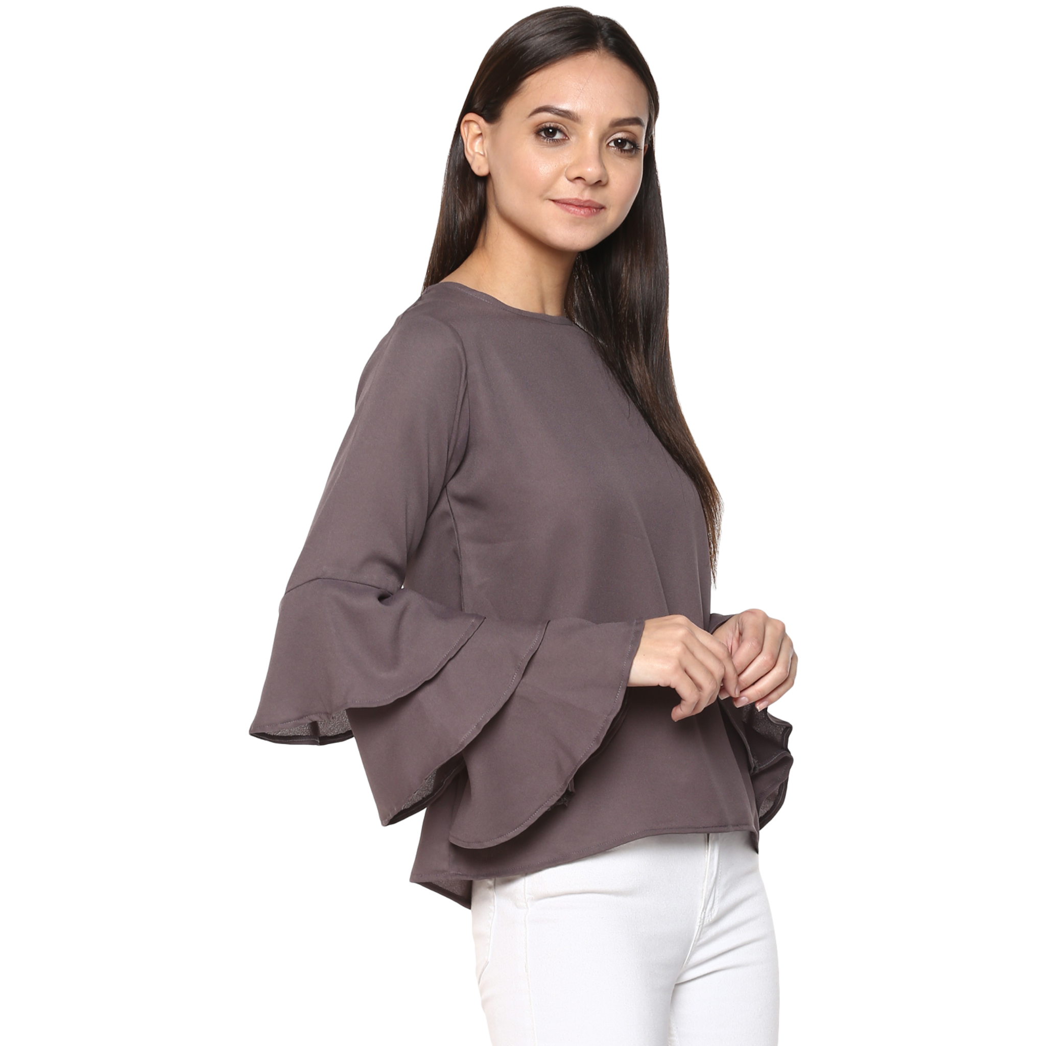 Grey Solid Georgette Bell Sleeves Tops