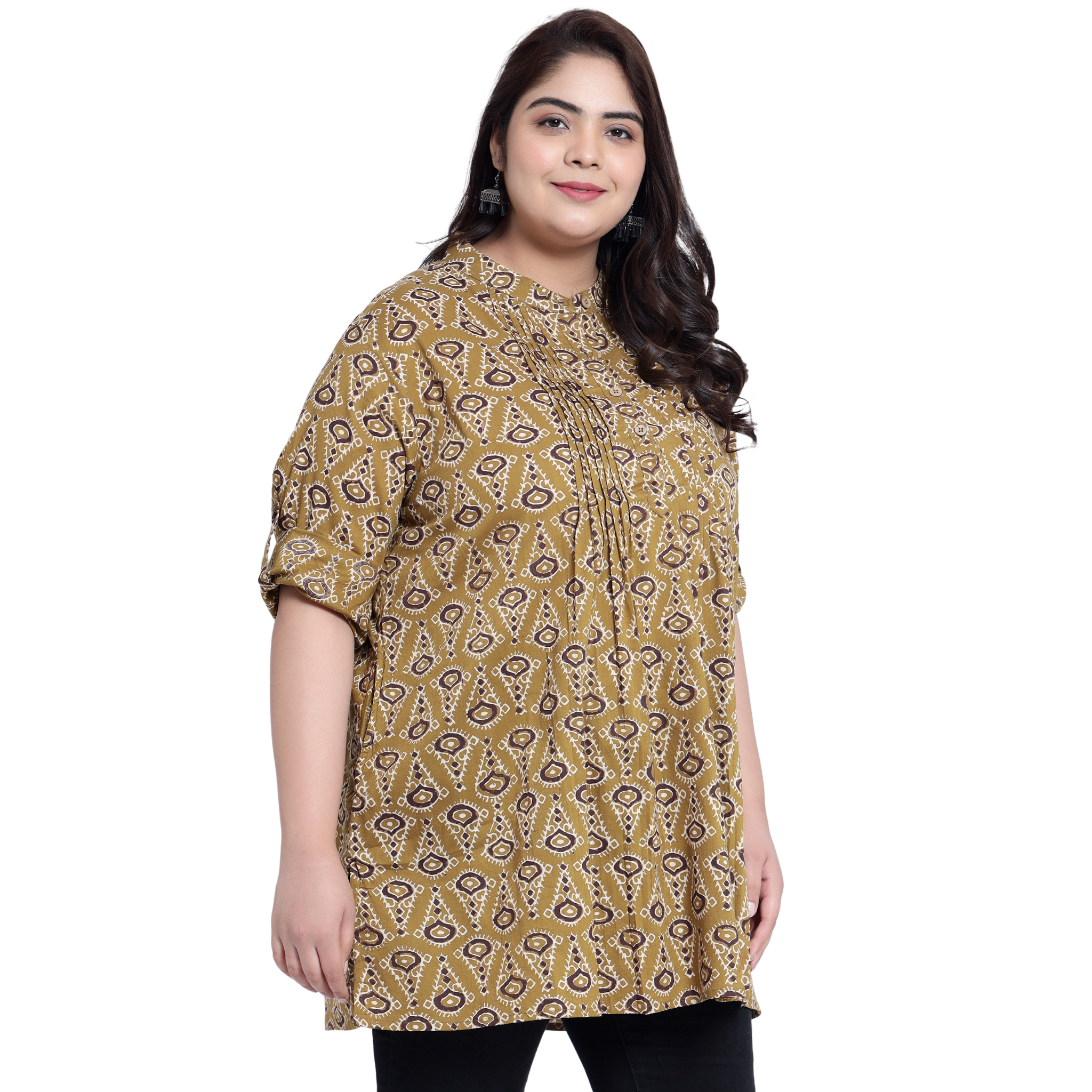 Mustard Geometric Print Pleat Plus Size Tunic