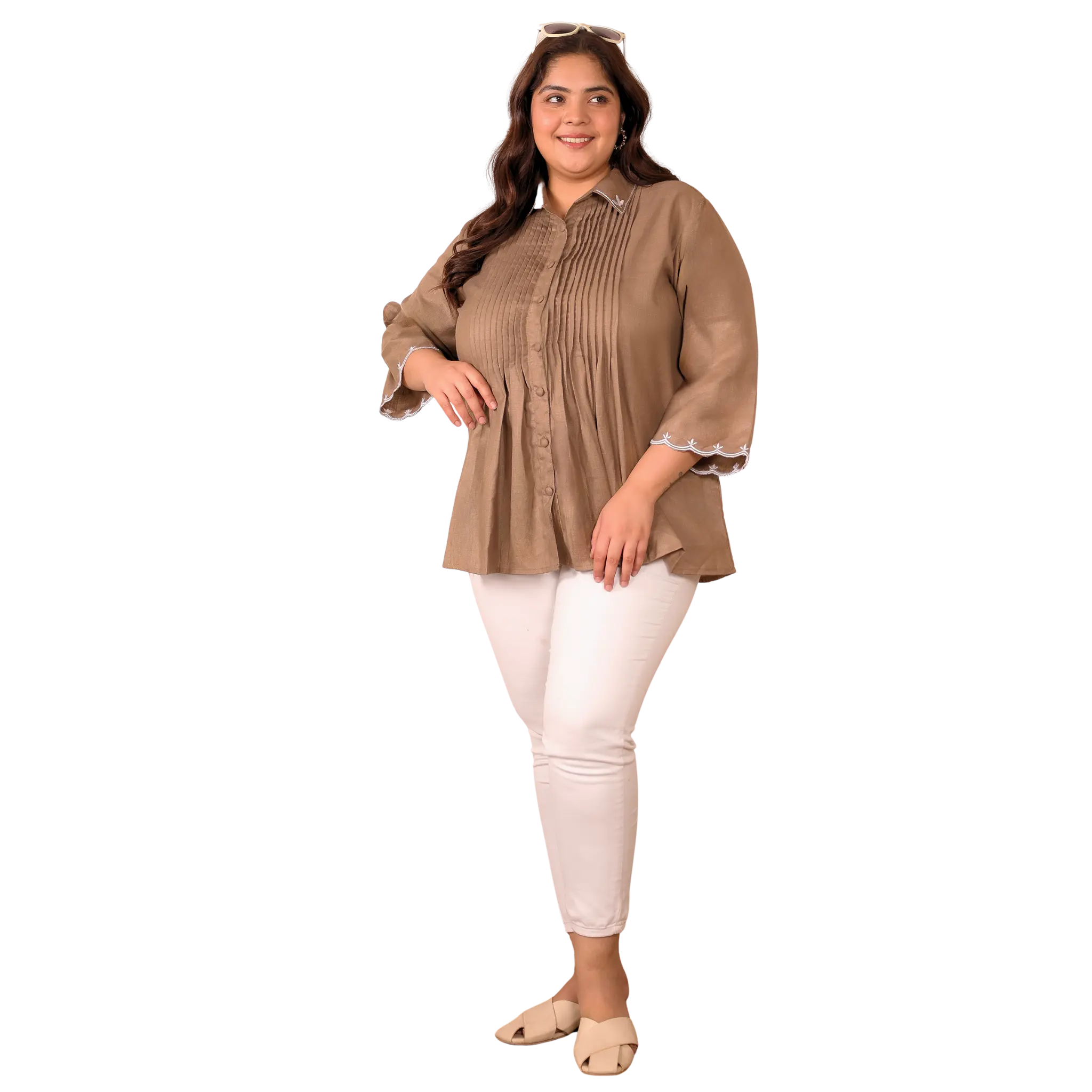 Brown Cotton Collar Embroidered Tunic