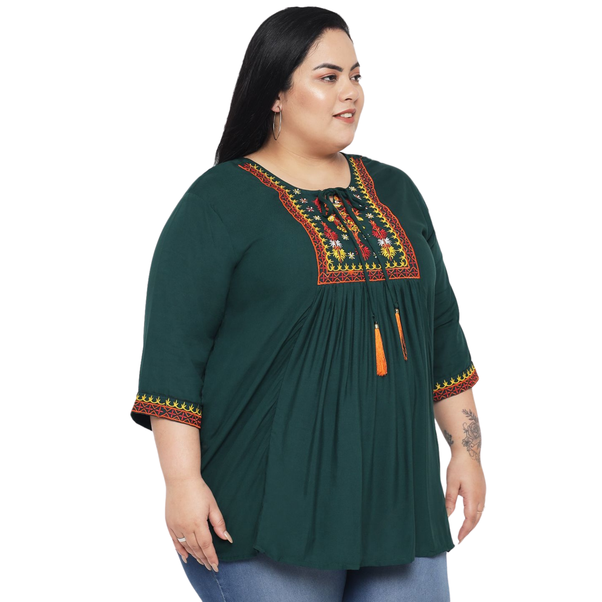 Dark Green Embroidered Plus Size Tunic