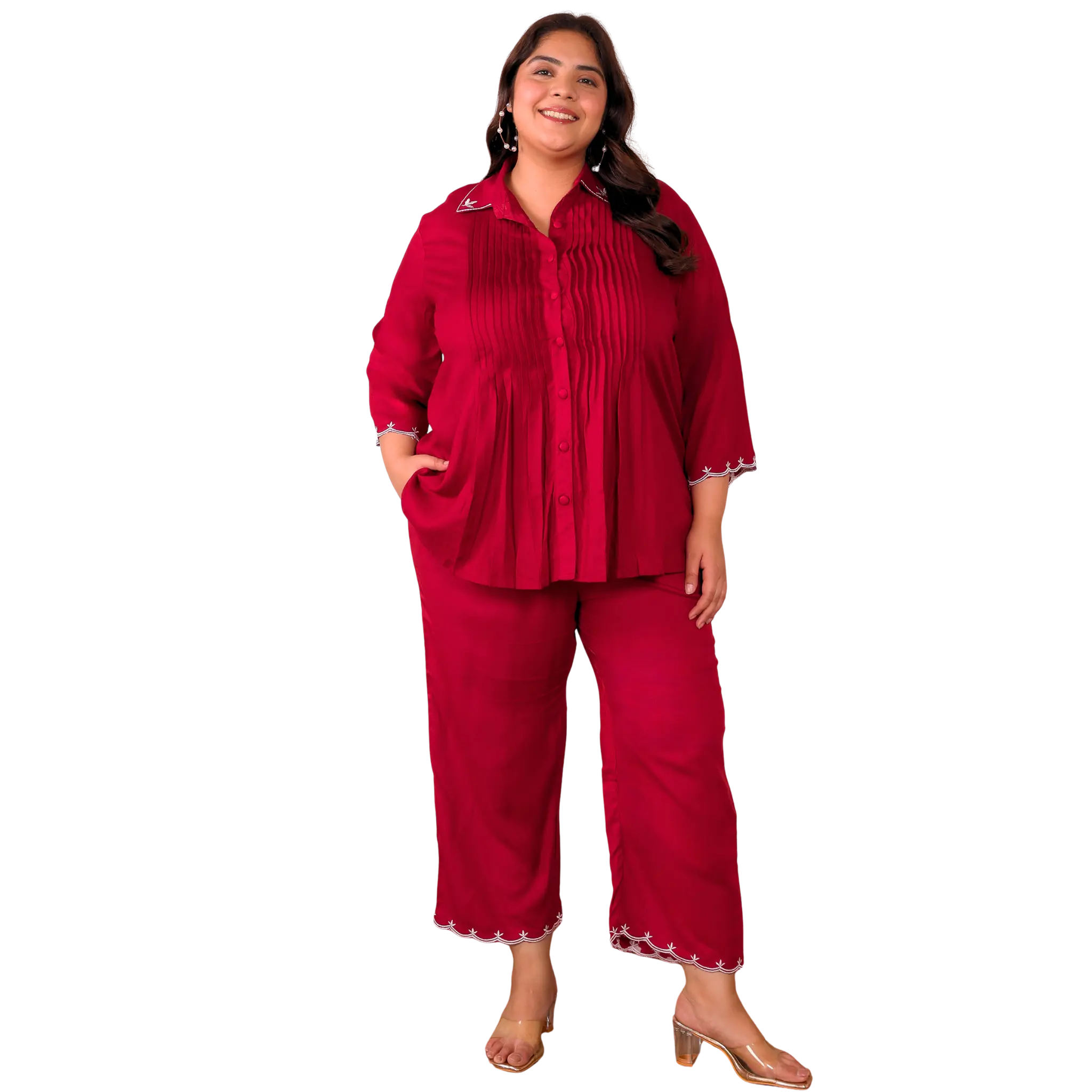 Red Rayon Collar Embroidered Co Ord Set