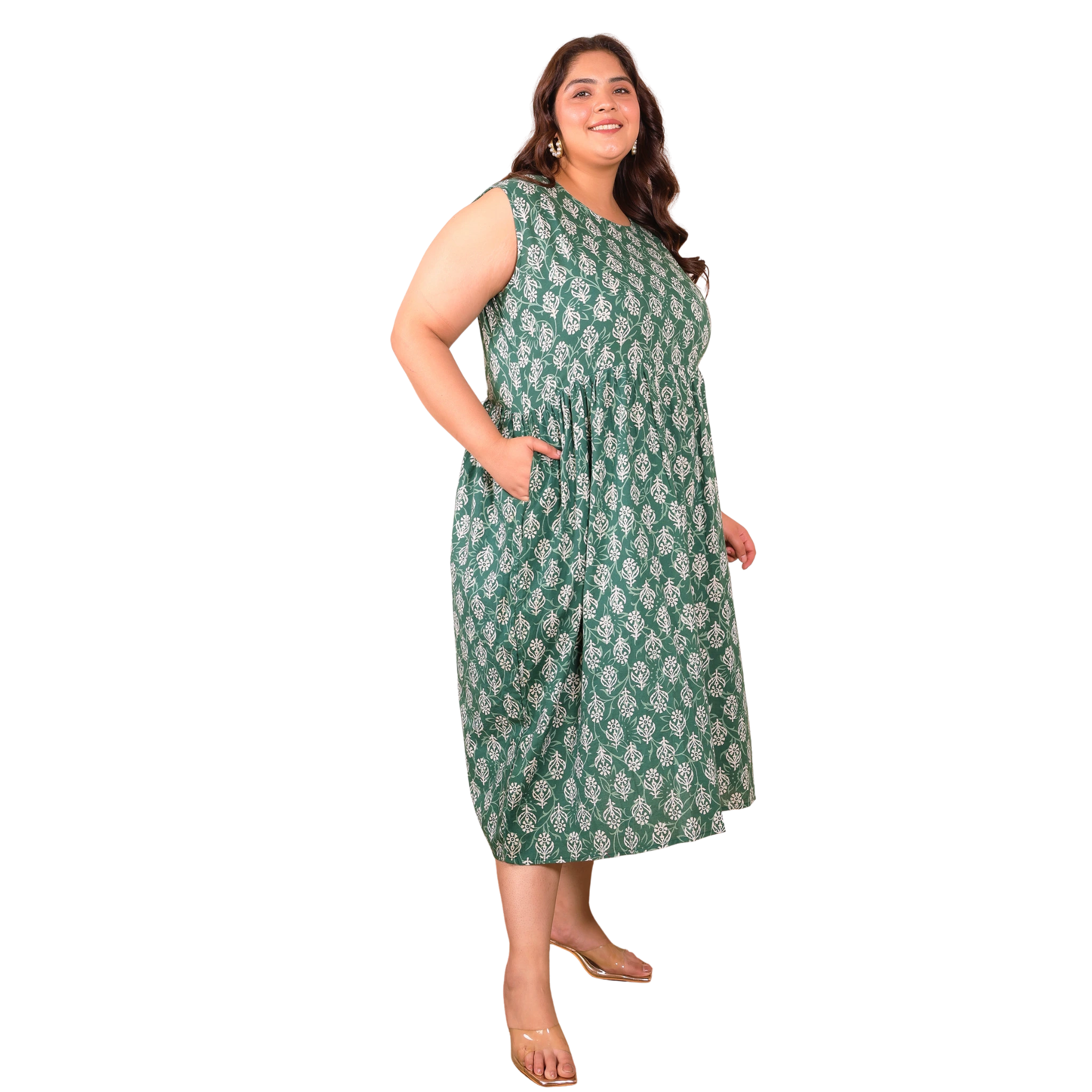 Green Geometric Print Cotton Plus Size Dress