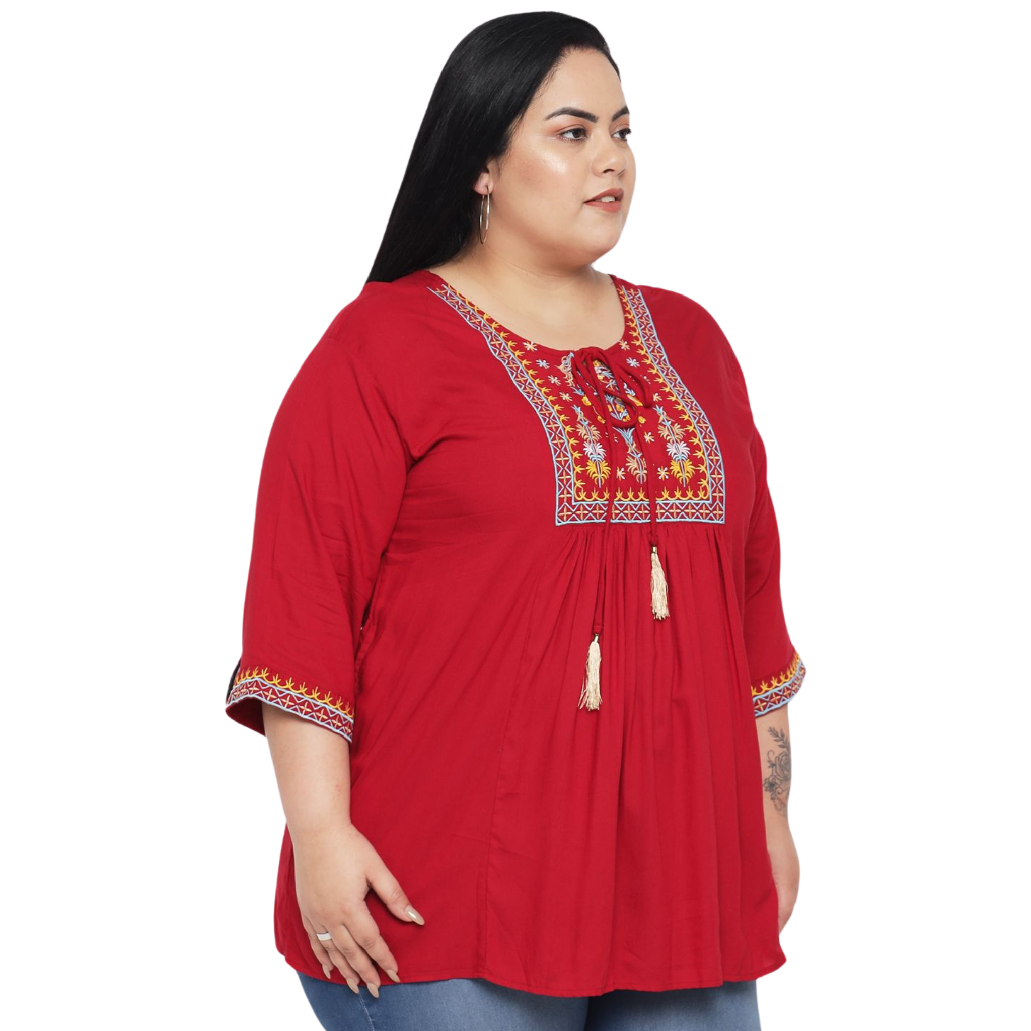 Red Embroidered Plus Size Tunic