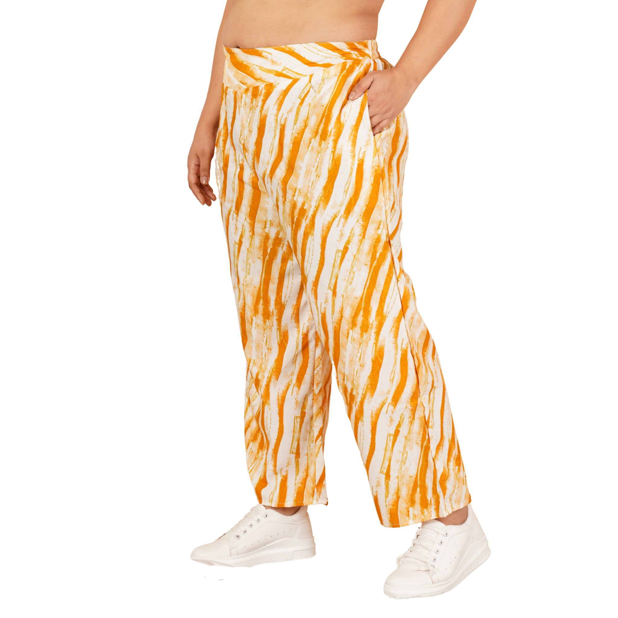 Yellow Leheriya Print Plus Size Trousers