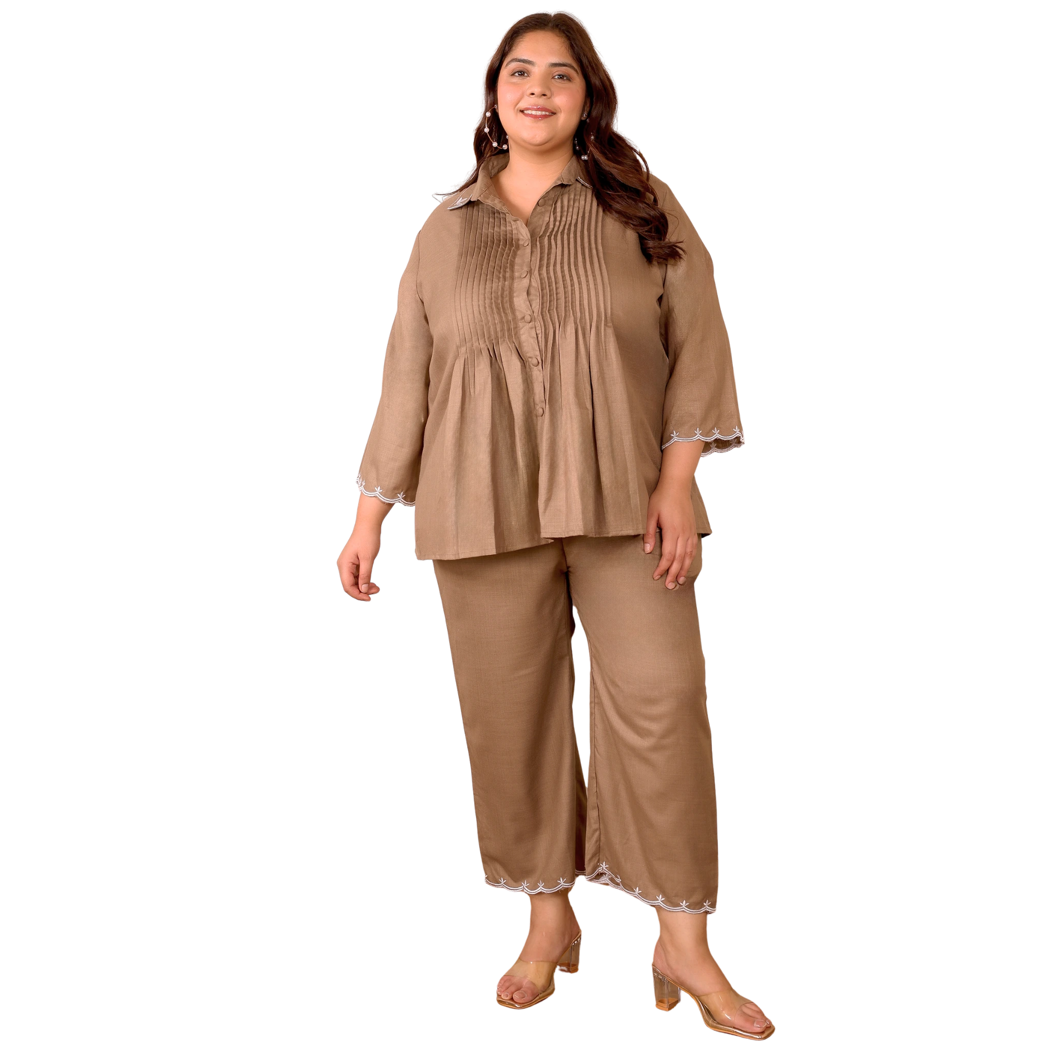 Brown Cotton Collar Embroidered Co Ord Set