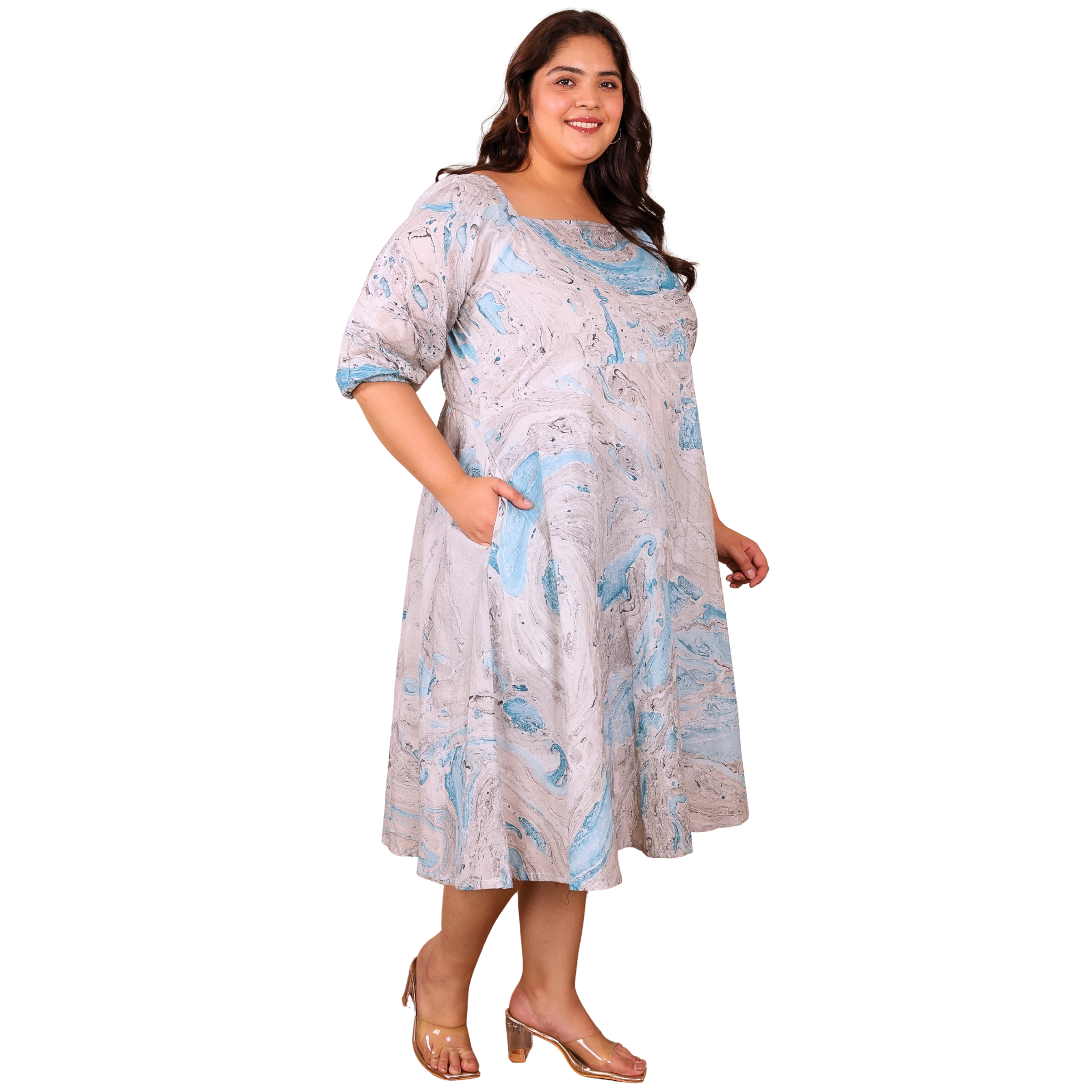 Blue Marble Print Plus Size Dress