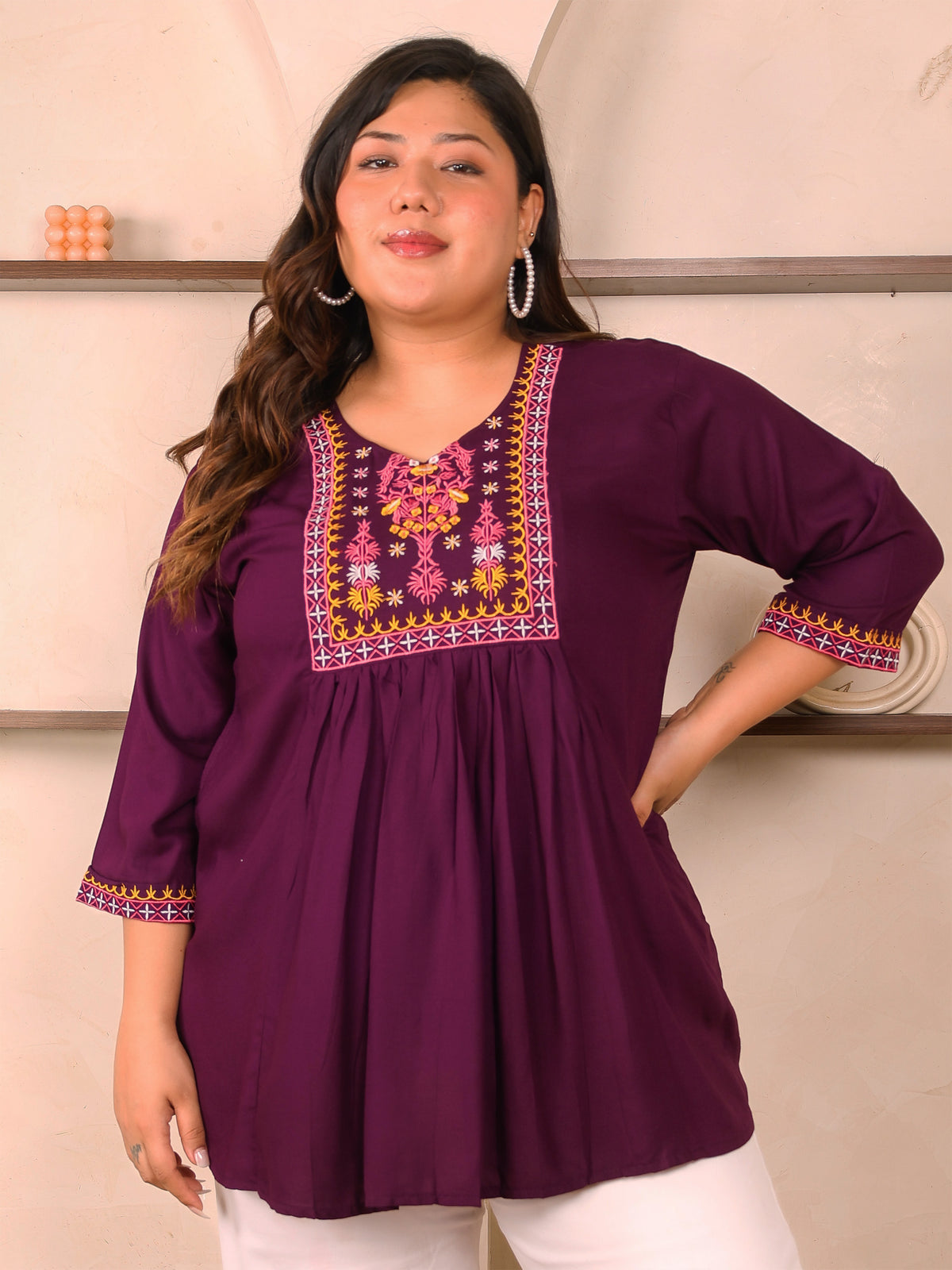 Burgundy Embroidered Plus Size Tunic
