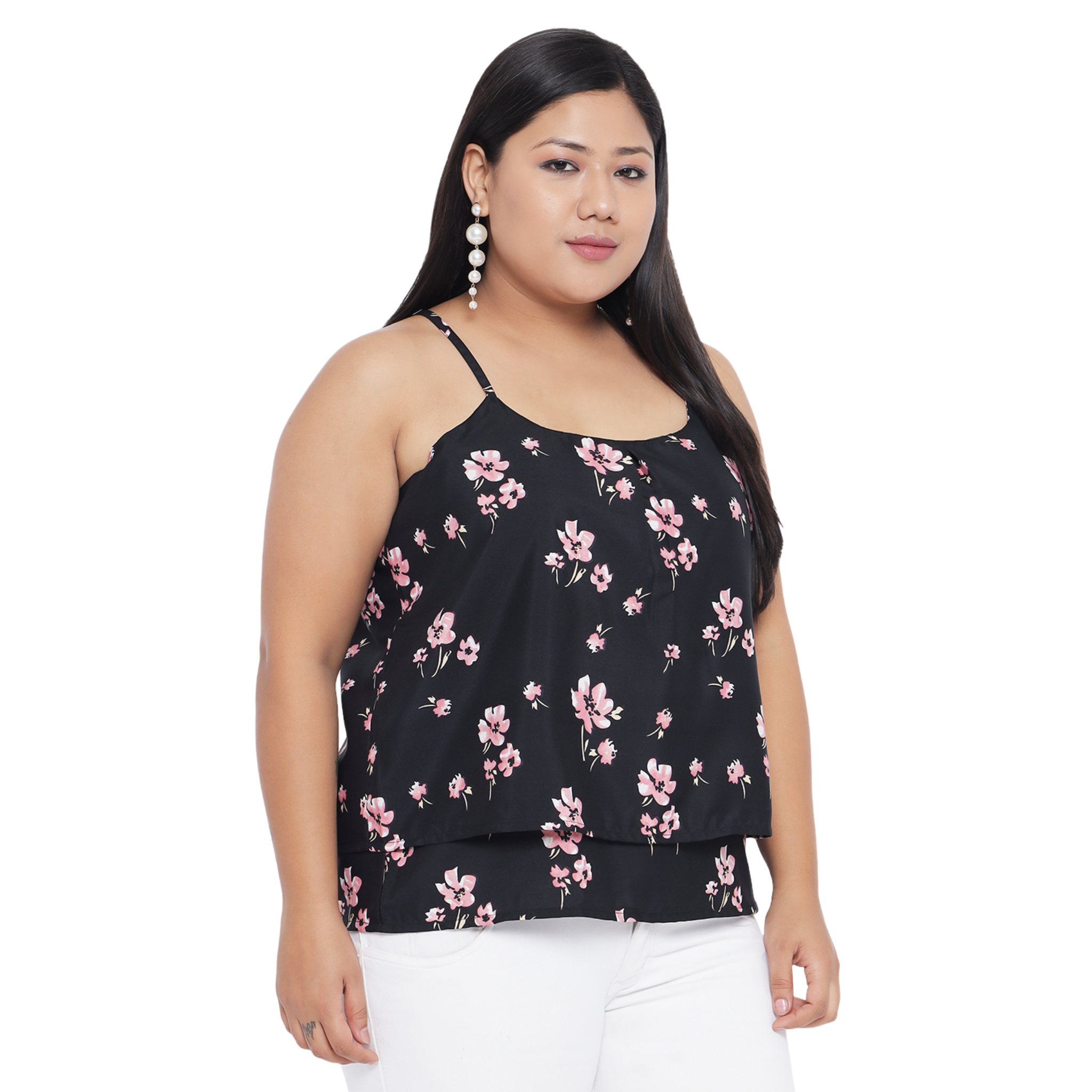 Black Floral Strap Plus Size Top