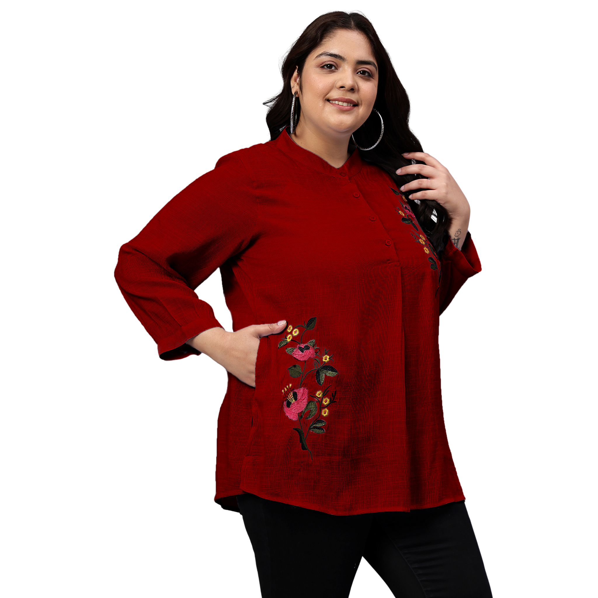 Maroon Floral Embroidered Plus Size Tunic