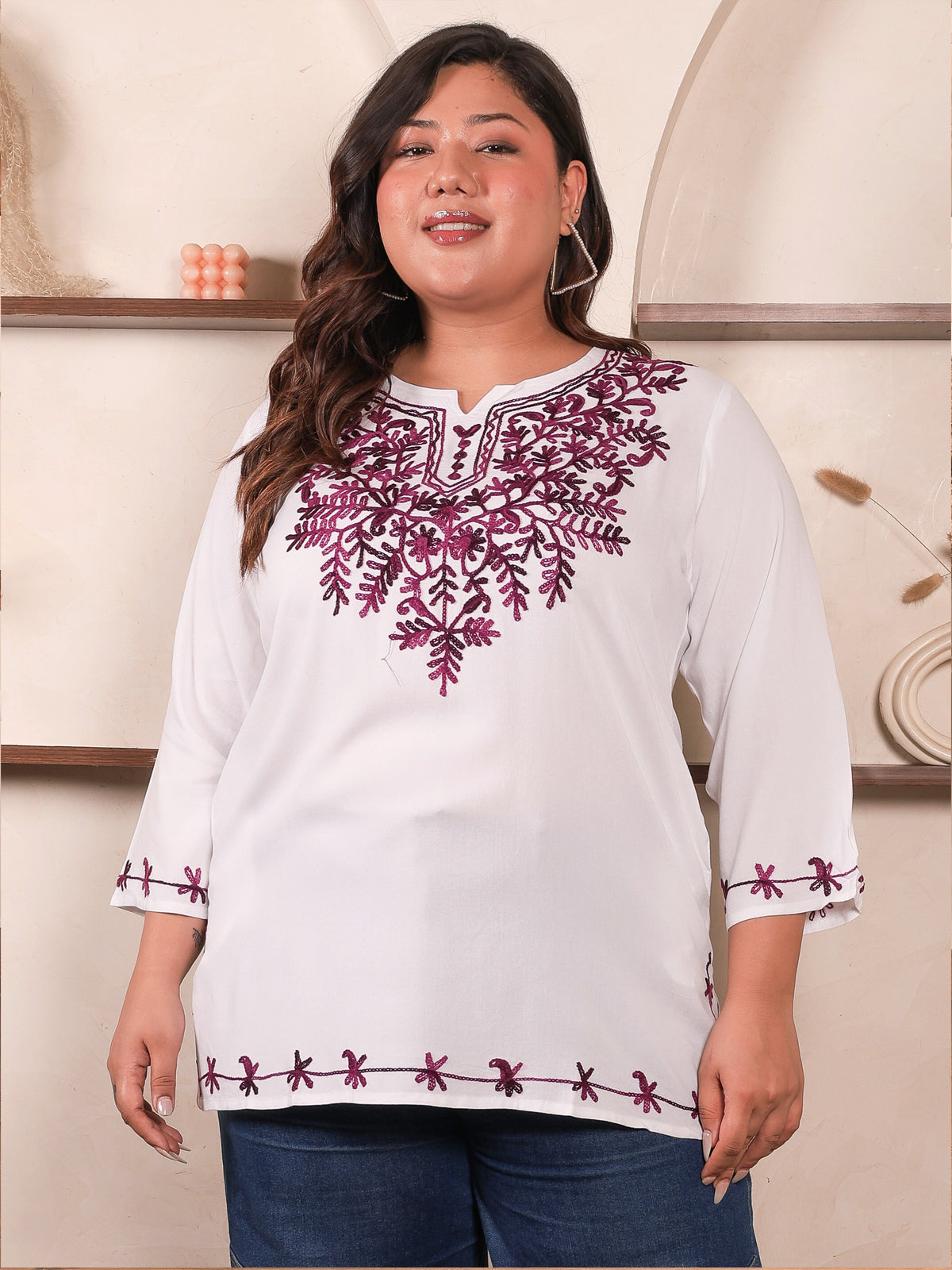 White And Purple Embroidered Plus Size Tunic