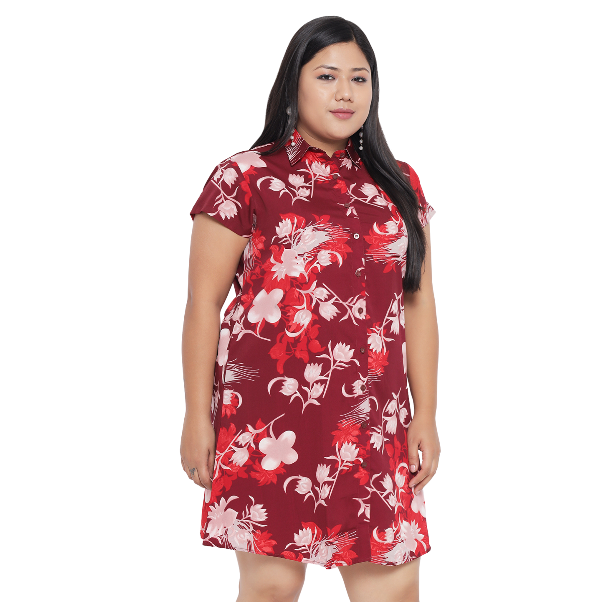 Maroon Floral Plus Size Shirt Dress