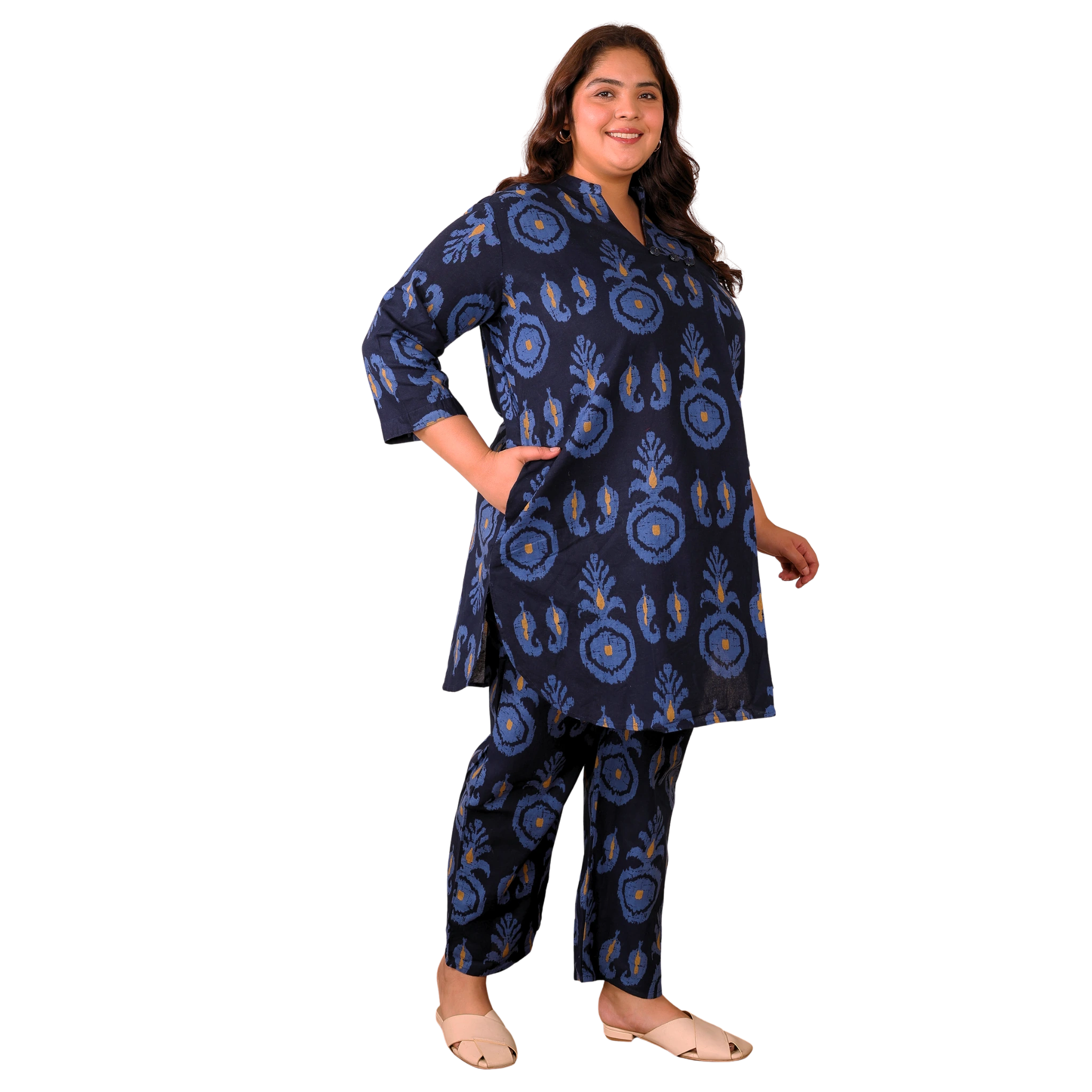 Indigo Blue Cotton Print Plus Size Co Ord Set