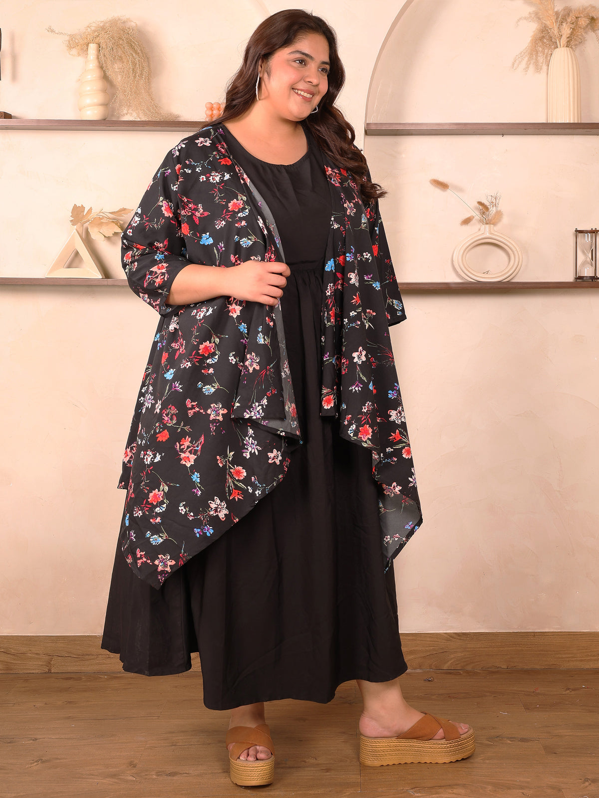 Black Floral Layered Maxi Plus Size Dress