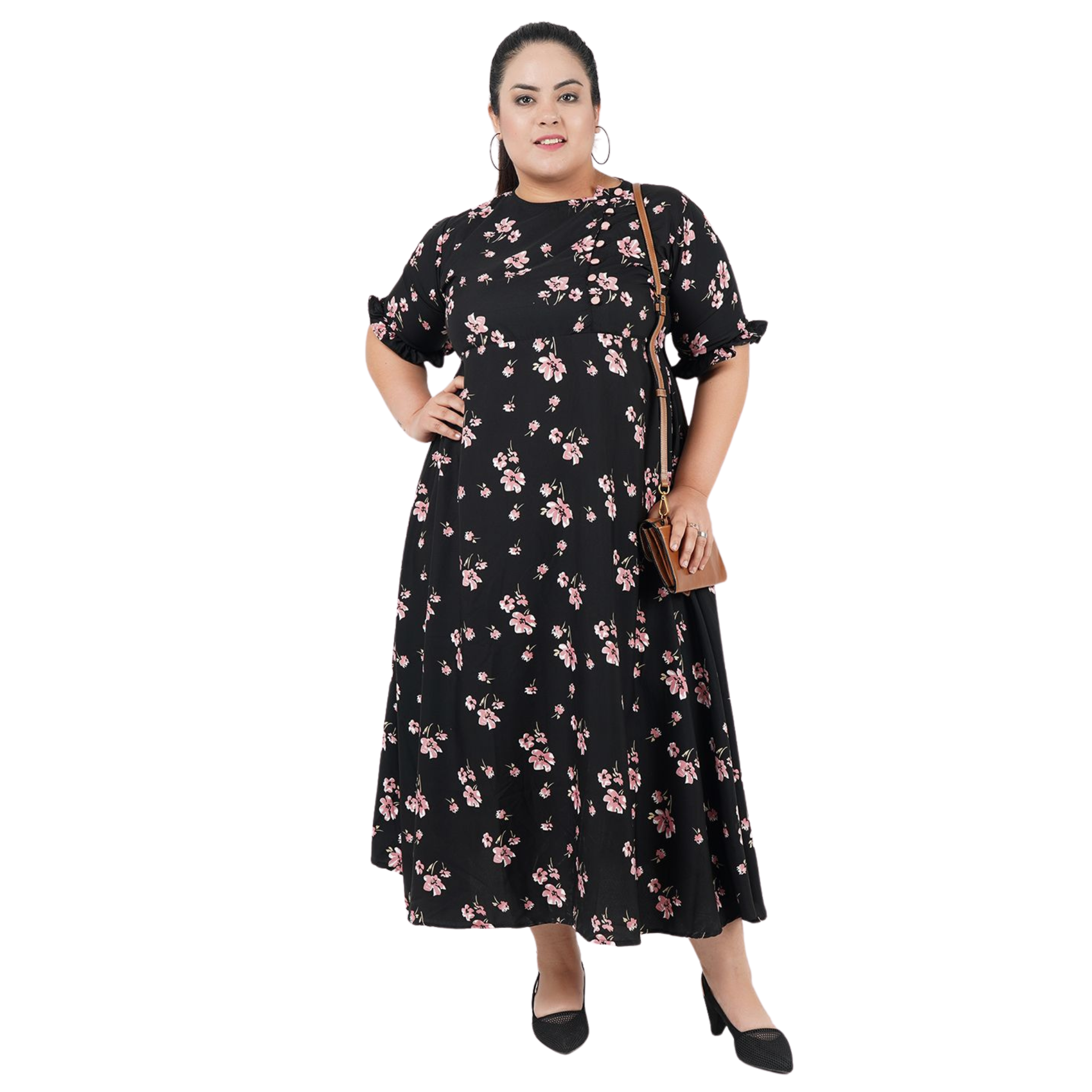 Black and Pink Floral Print Plus Size Dress