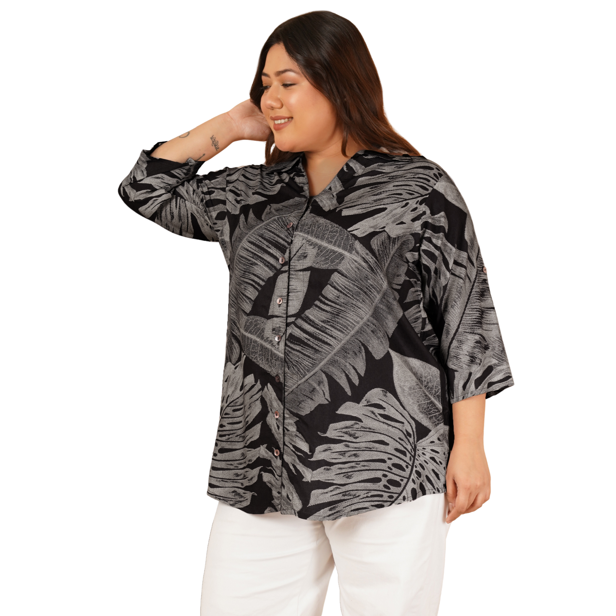 Black Leaf Print Plus Size Shirt