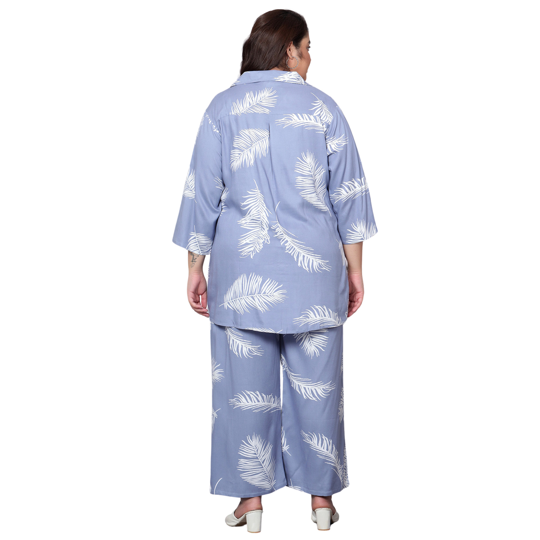 Blue Leaf Print Plus Size Co-Ord Set