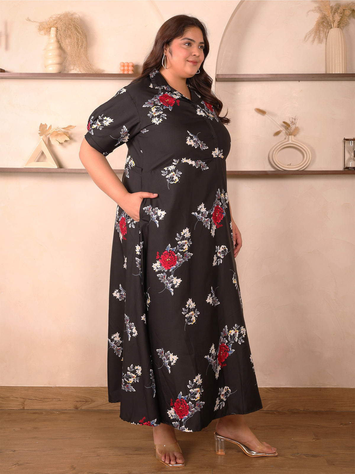 Black and Red Floral Print Plus Size Maxi Dress