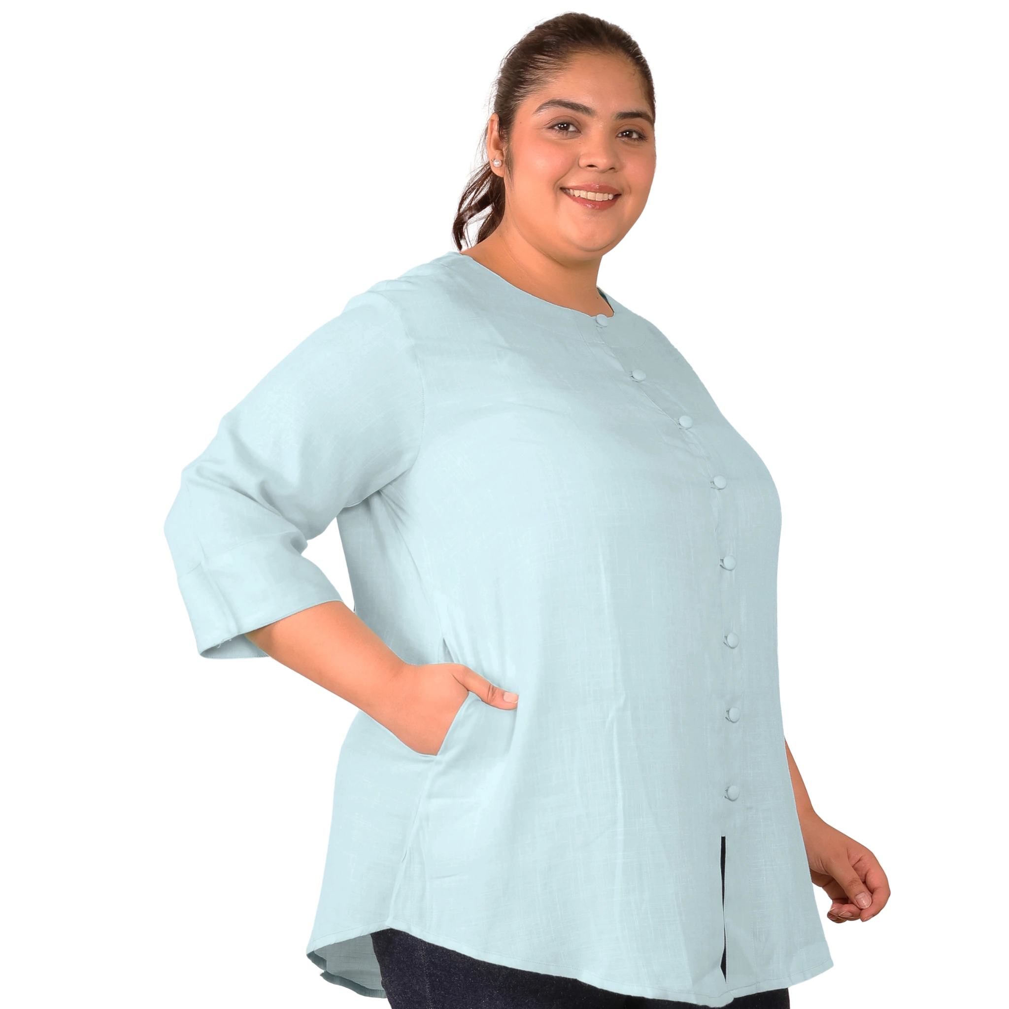 Blue Cotton Linen Plus Size Tunic