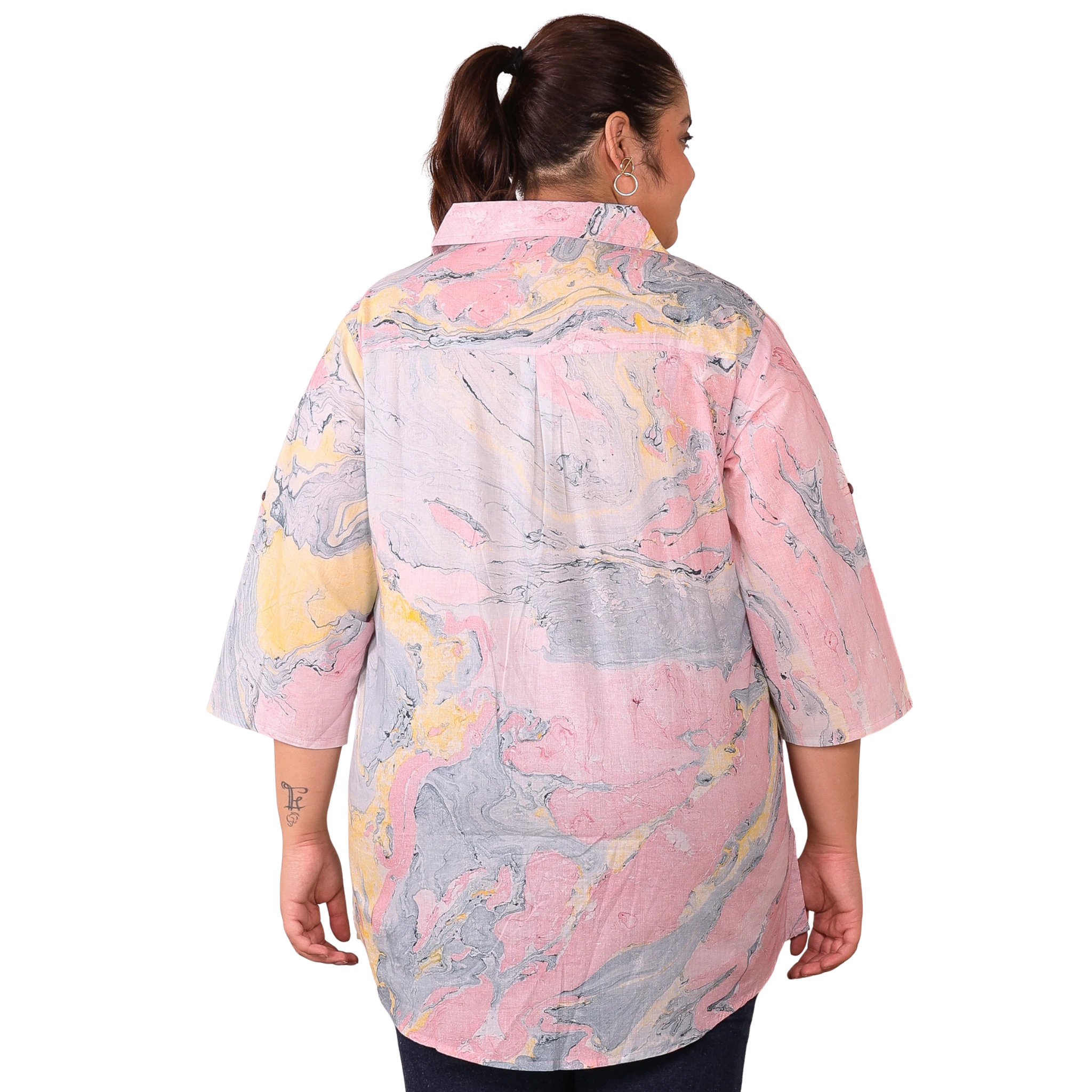 Pink Marble Print Longline Plus Size Shirt