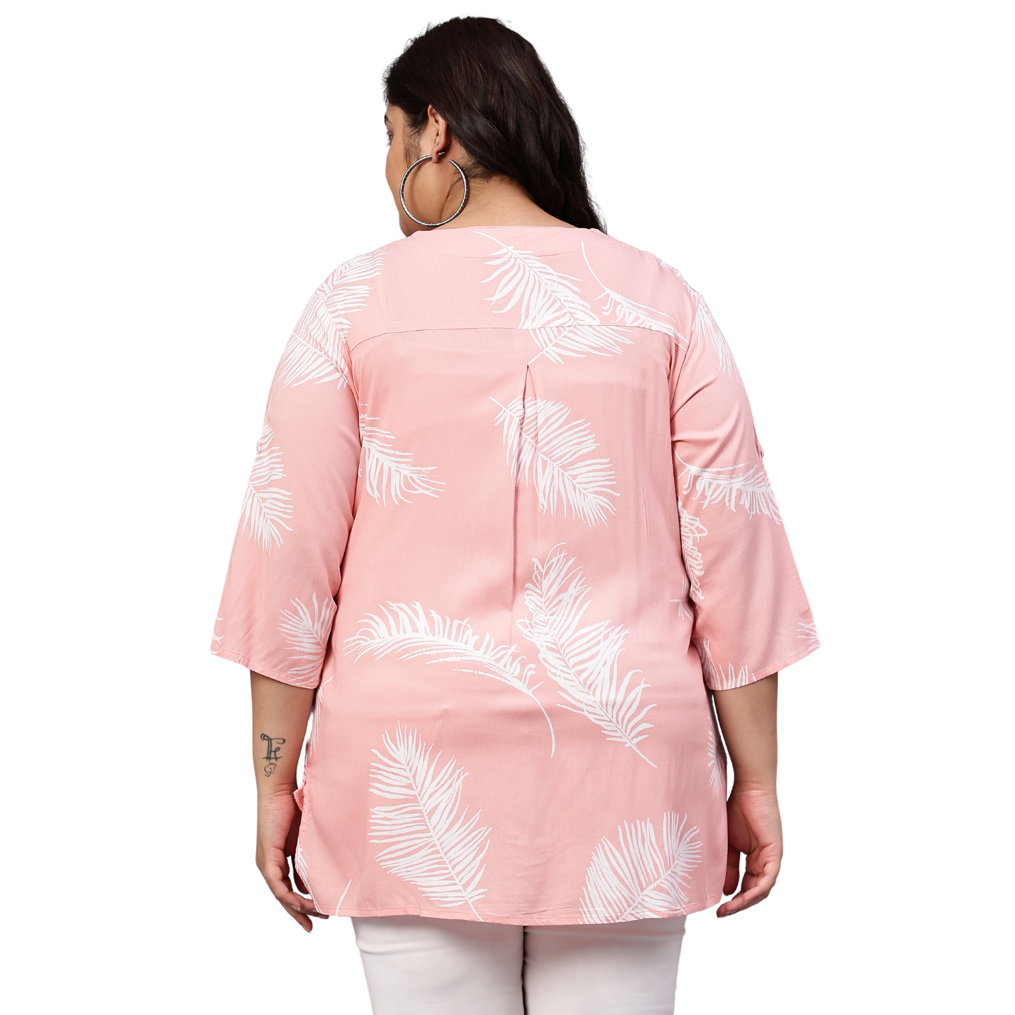 Pink Leaf Buttoned Plus Size Tunic