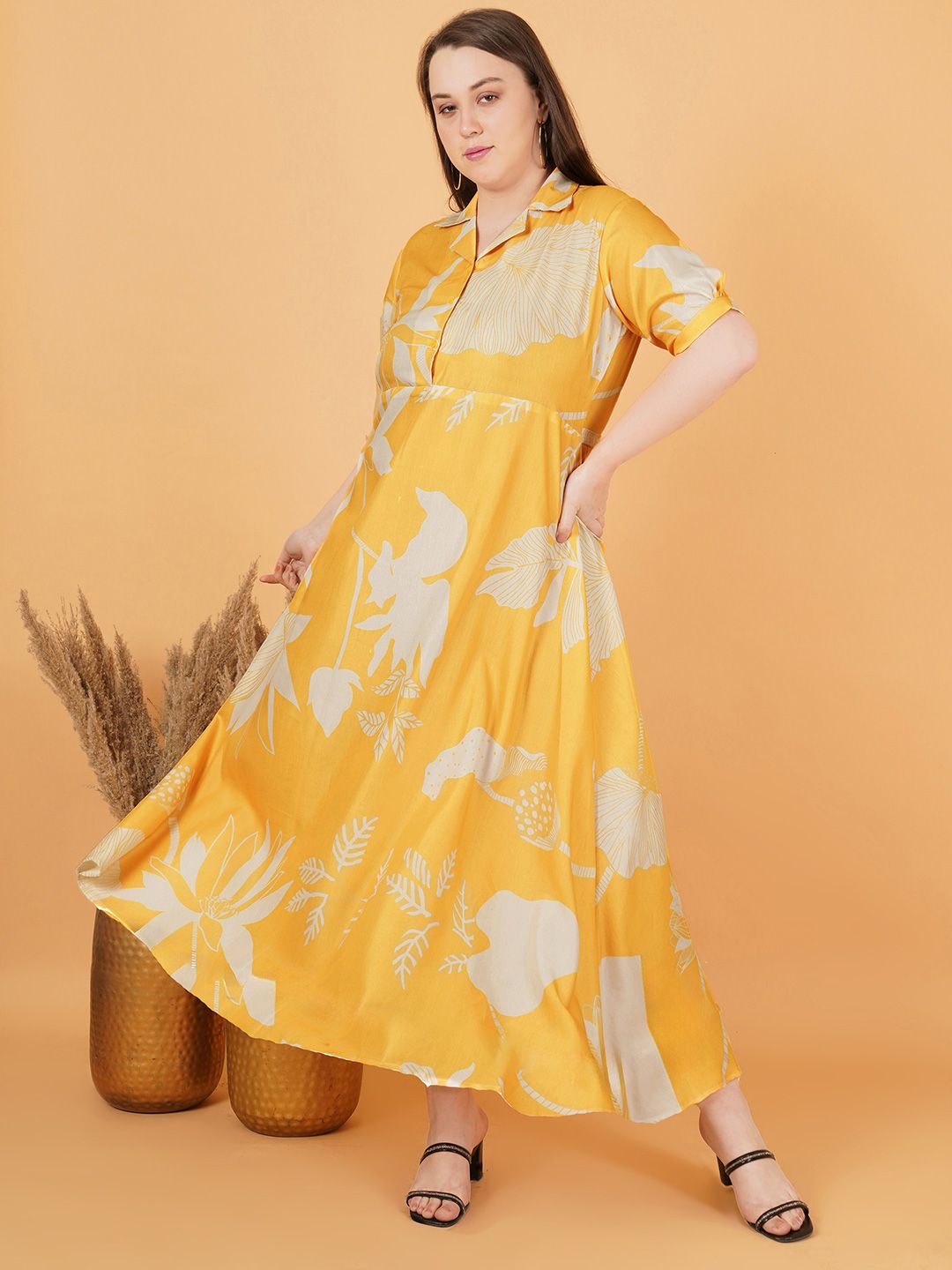 Yellow And White Floral Maxi Plus Size Dress — view 1