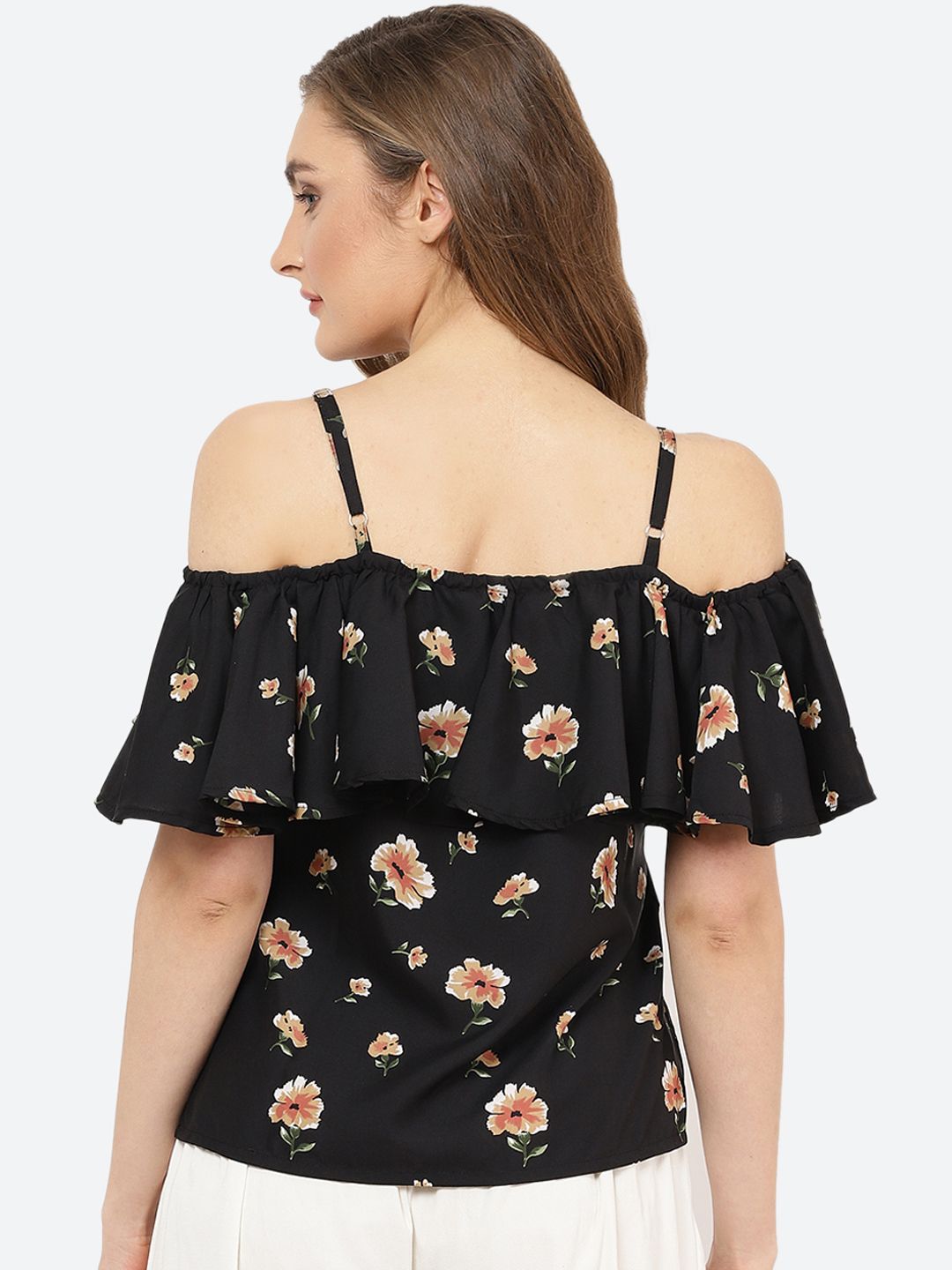 Black Floral Print Cold Shoulder Top — view 4