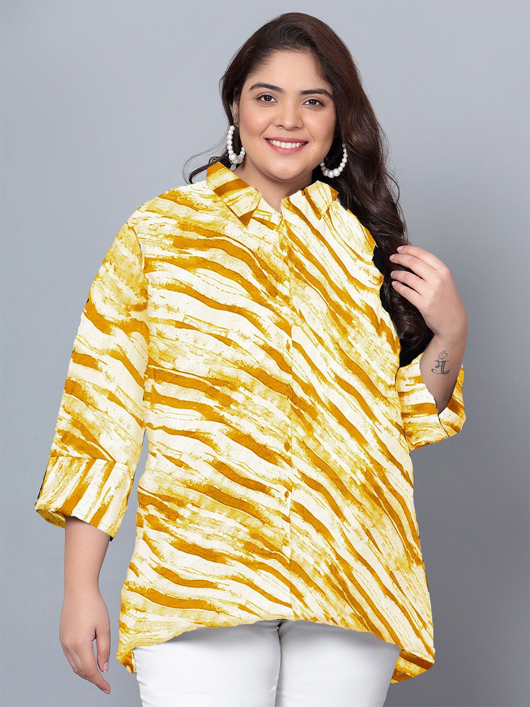 Yellow Leheriya Print Plus Size Shirt — view 1