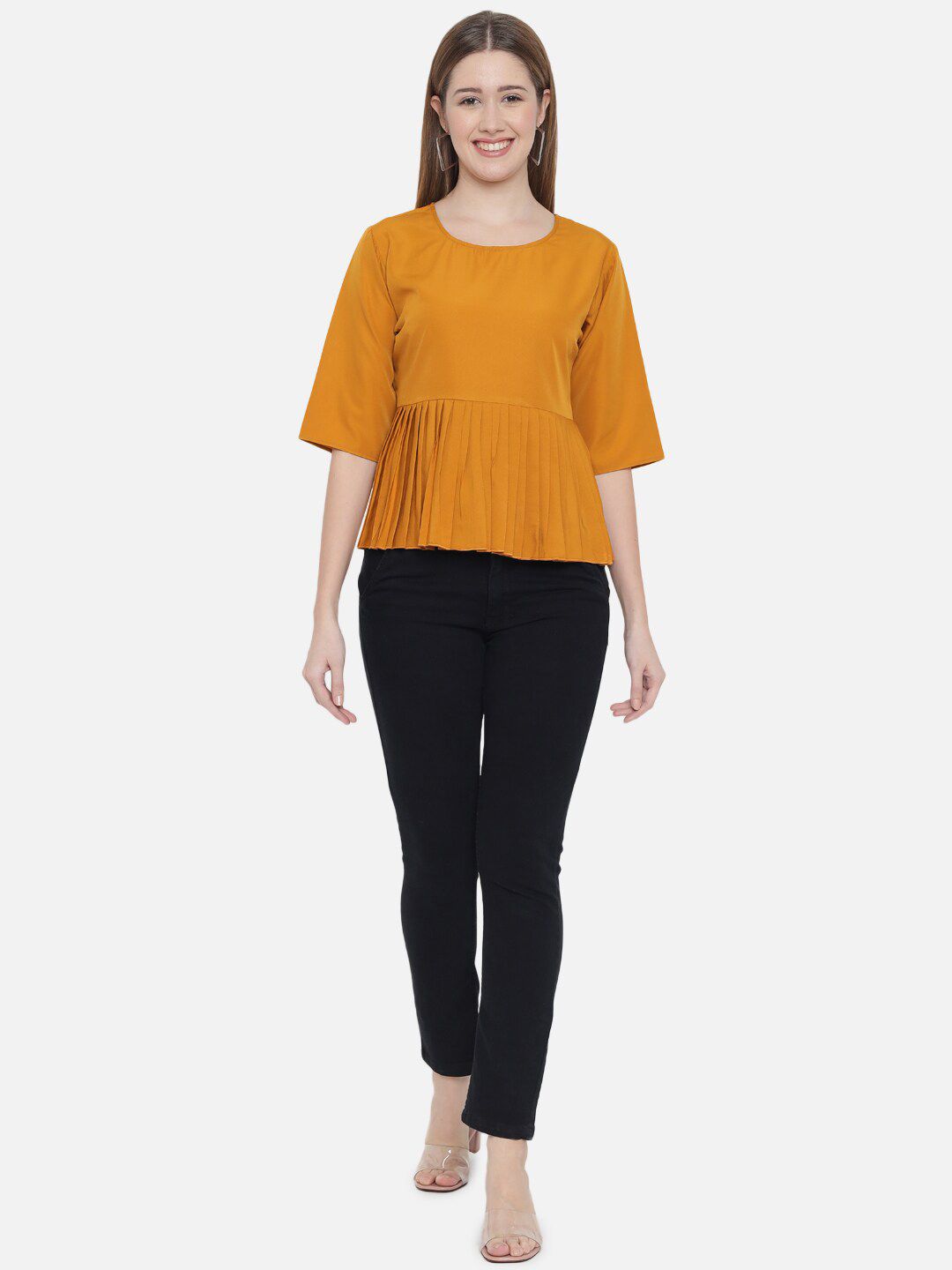 Mustard Solid Waist Pleated Top — view 12