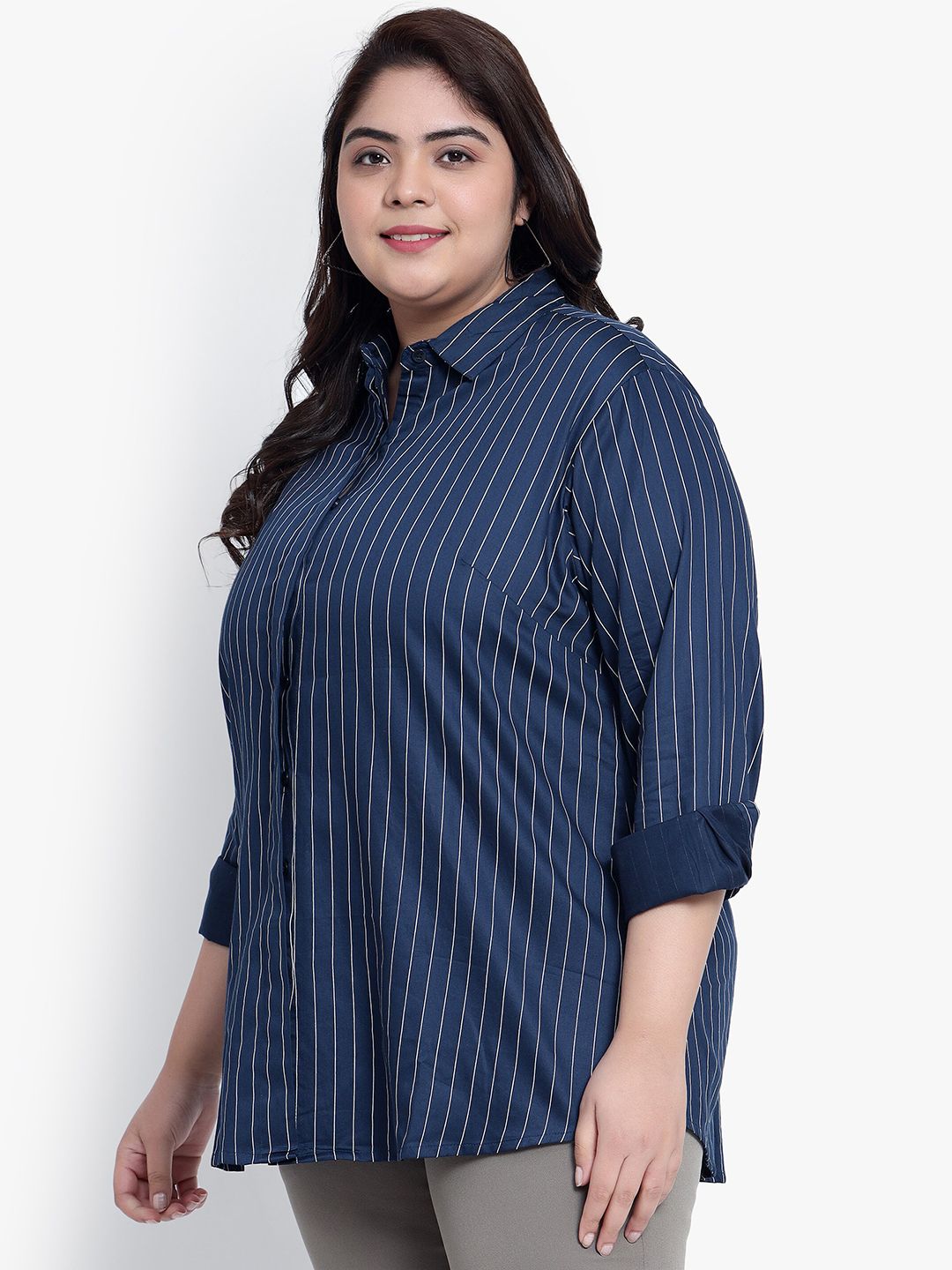 Blue Stripe Formal Plus Size Shirt — view 4