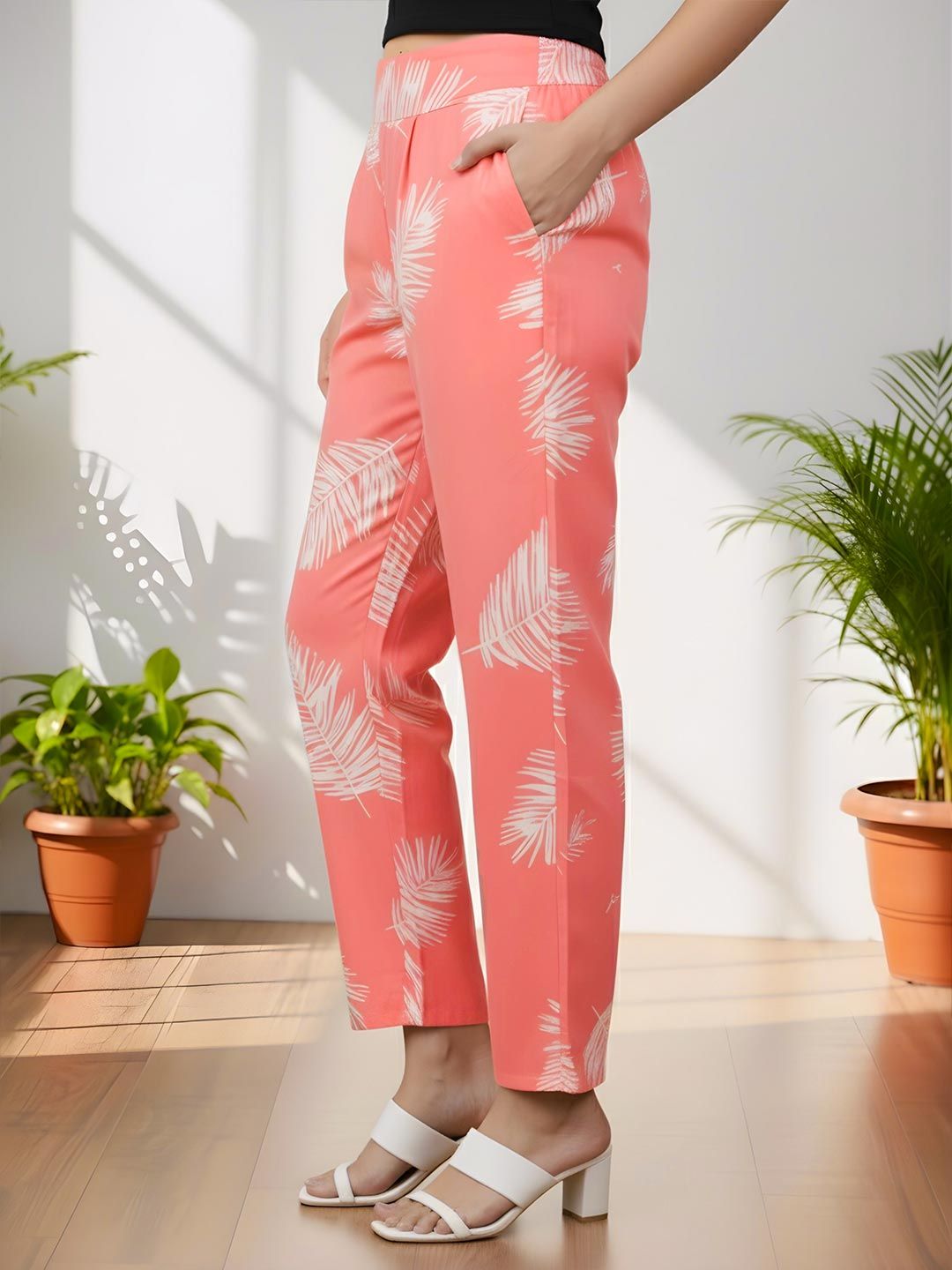 Pink Leaf Print Trousers — view 3