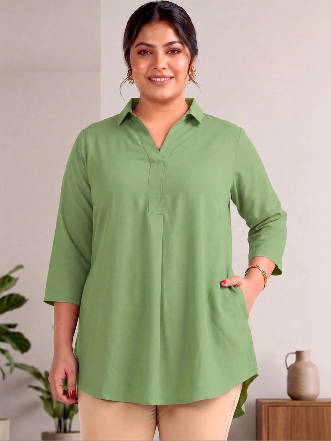 Green Rayon Centrepleat Longline Tunic — view 1