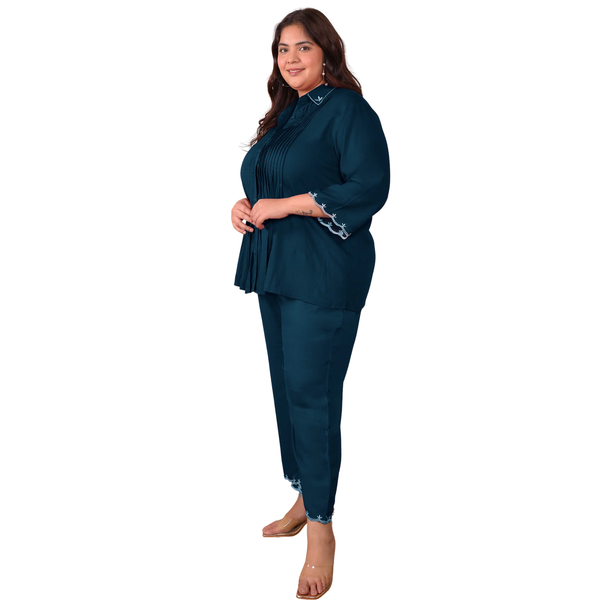 Peacock Blue Rayon Collar Embroidered Co Ord Set