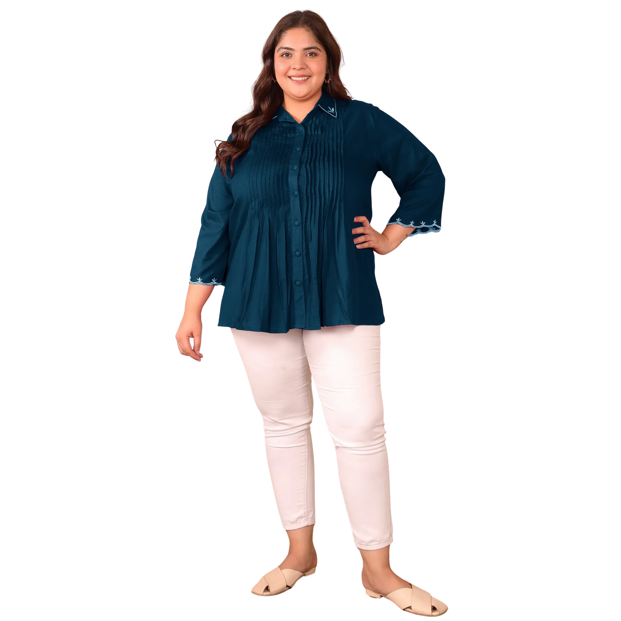 Peacock Blue Rayon Collar Embroidered Tunic