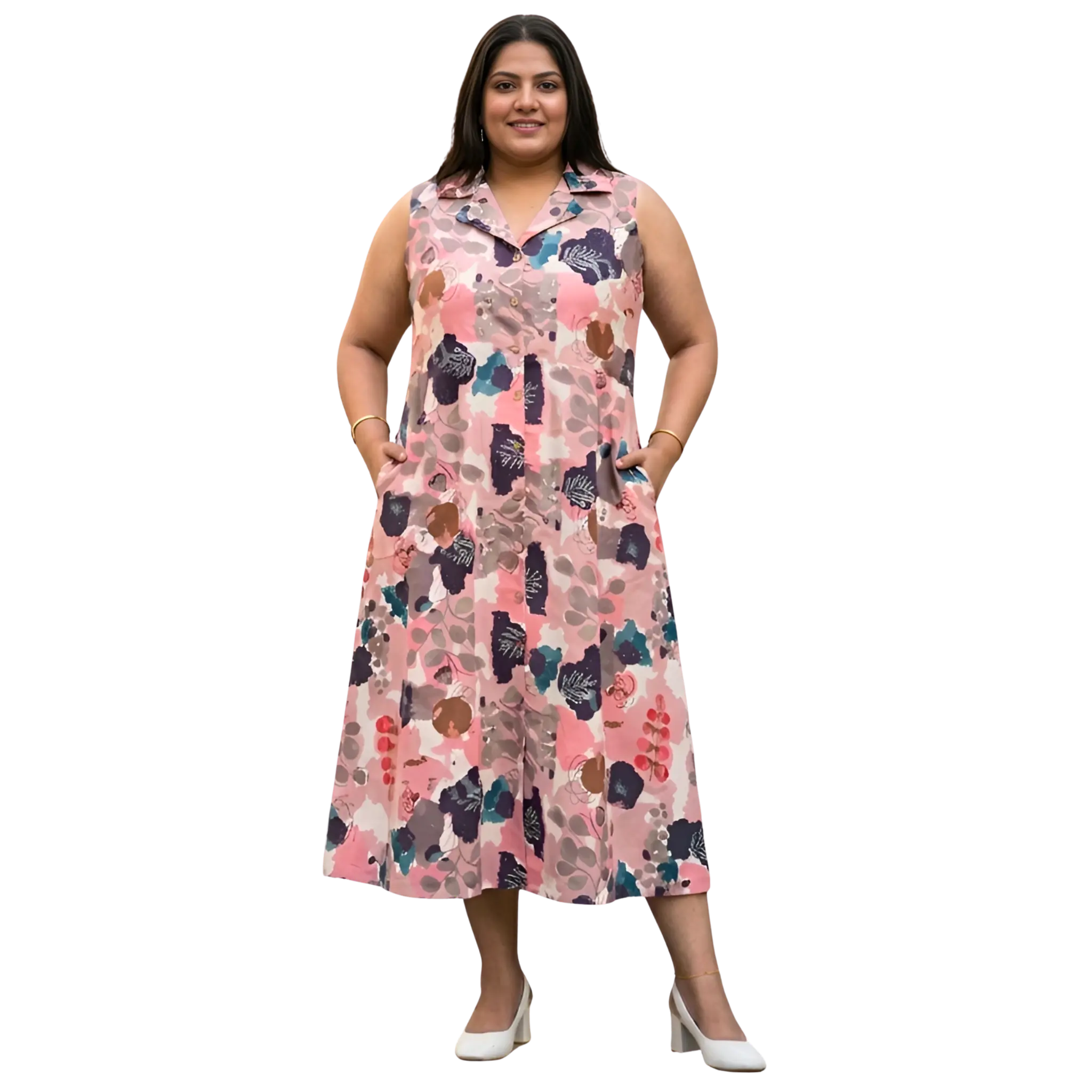 Pink Abstract Print Midi Dress