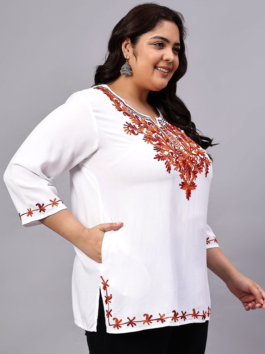 White And Red Embroidered Plus Size Tunic — view 3