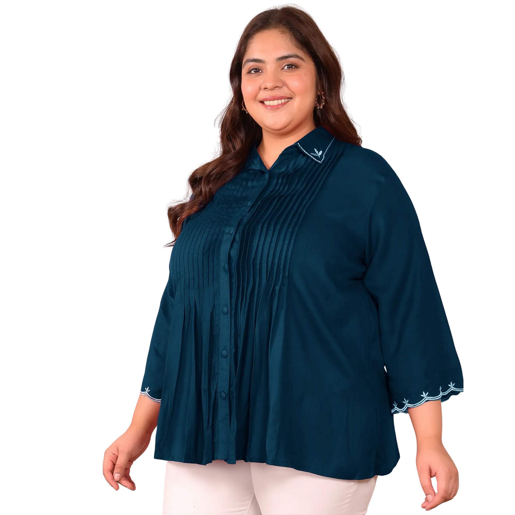 Peacock Blue Rayon Collar Embroidered Tunic